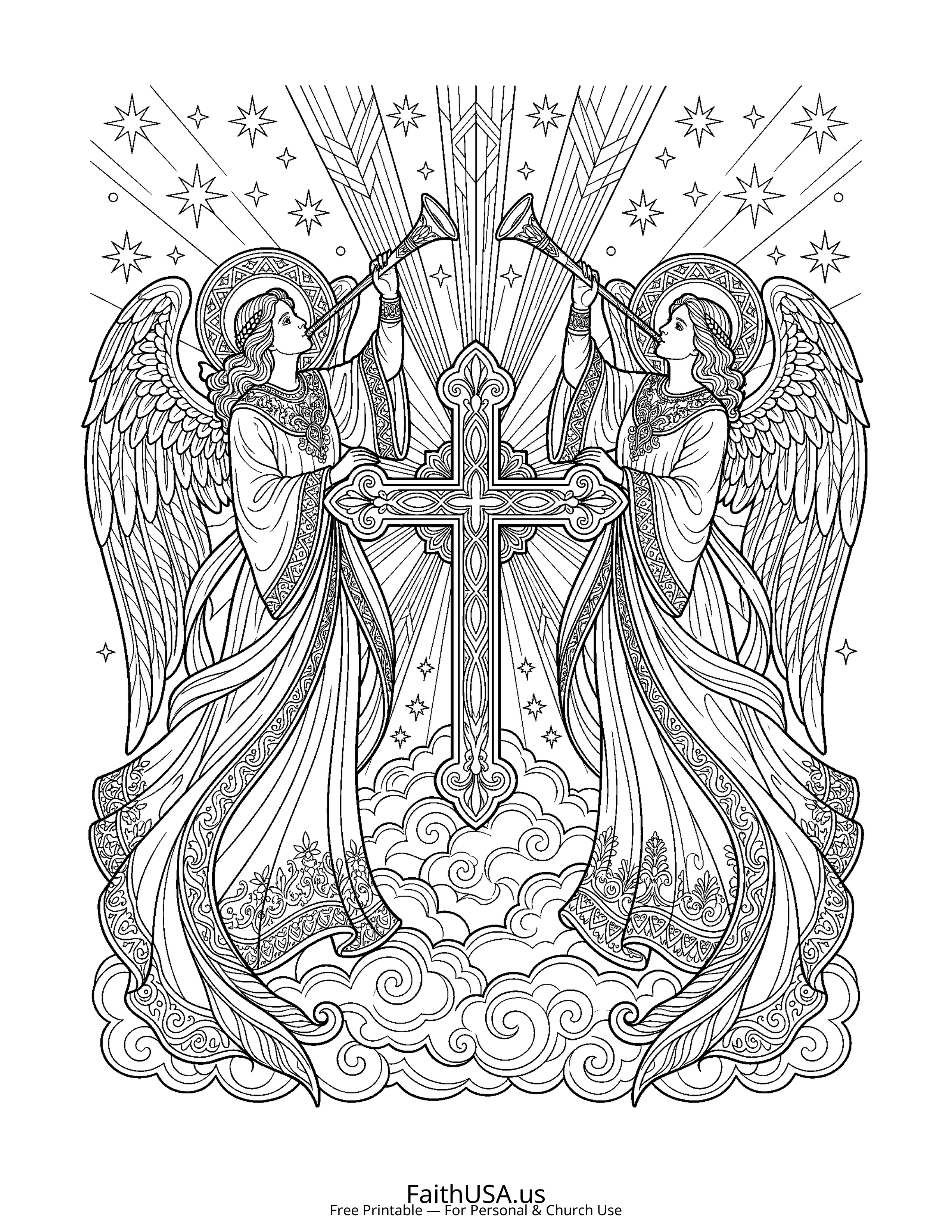 Cross coloring page featuring Cross with Angels in detailed black-and-white line art