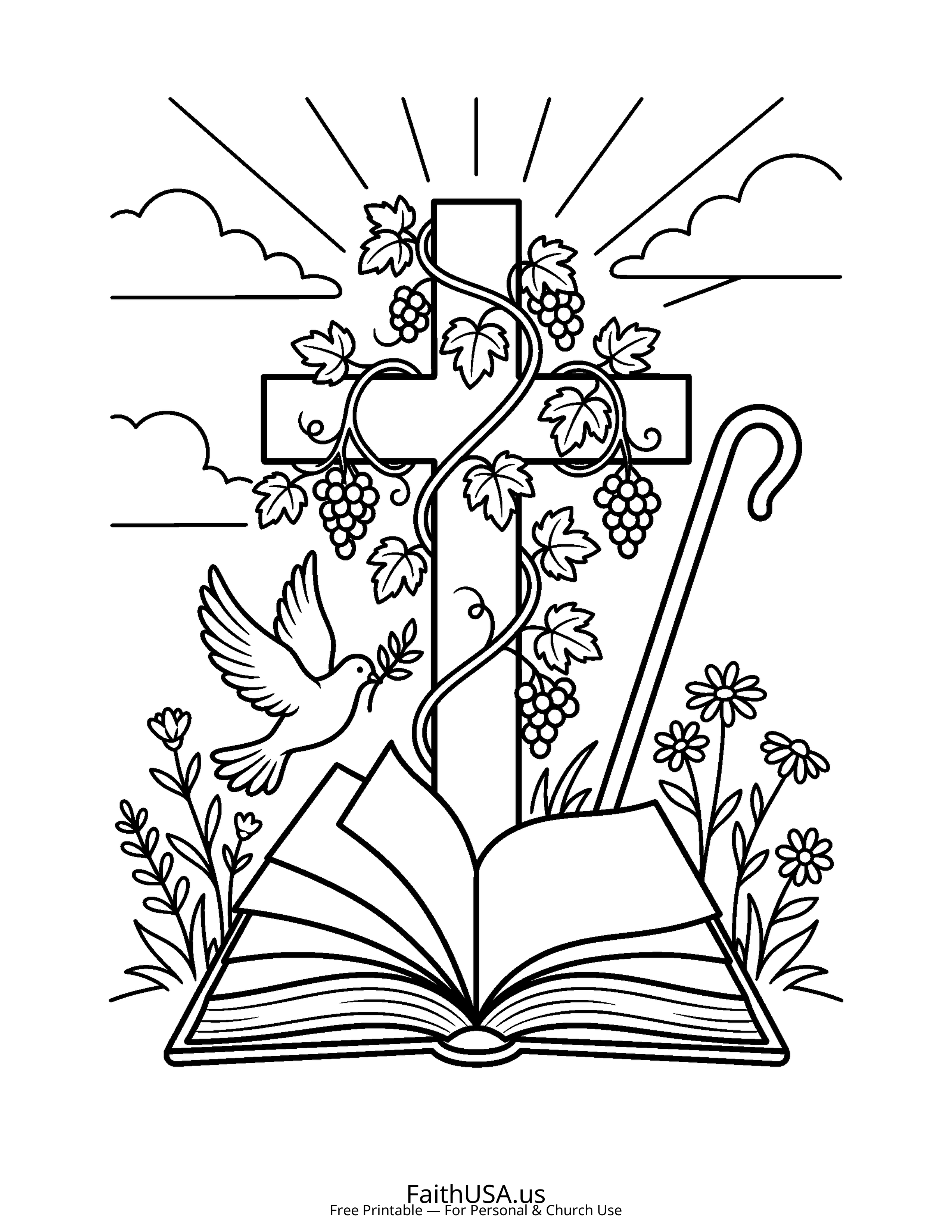 Cross coloring page featuring Cross with Bible and Vine in simple black-and-white line art