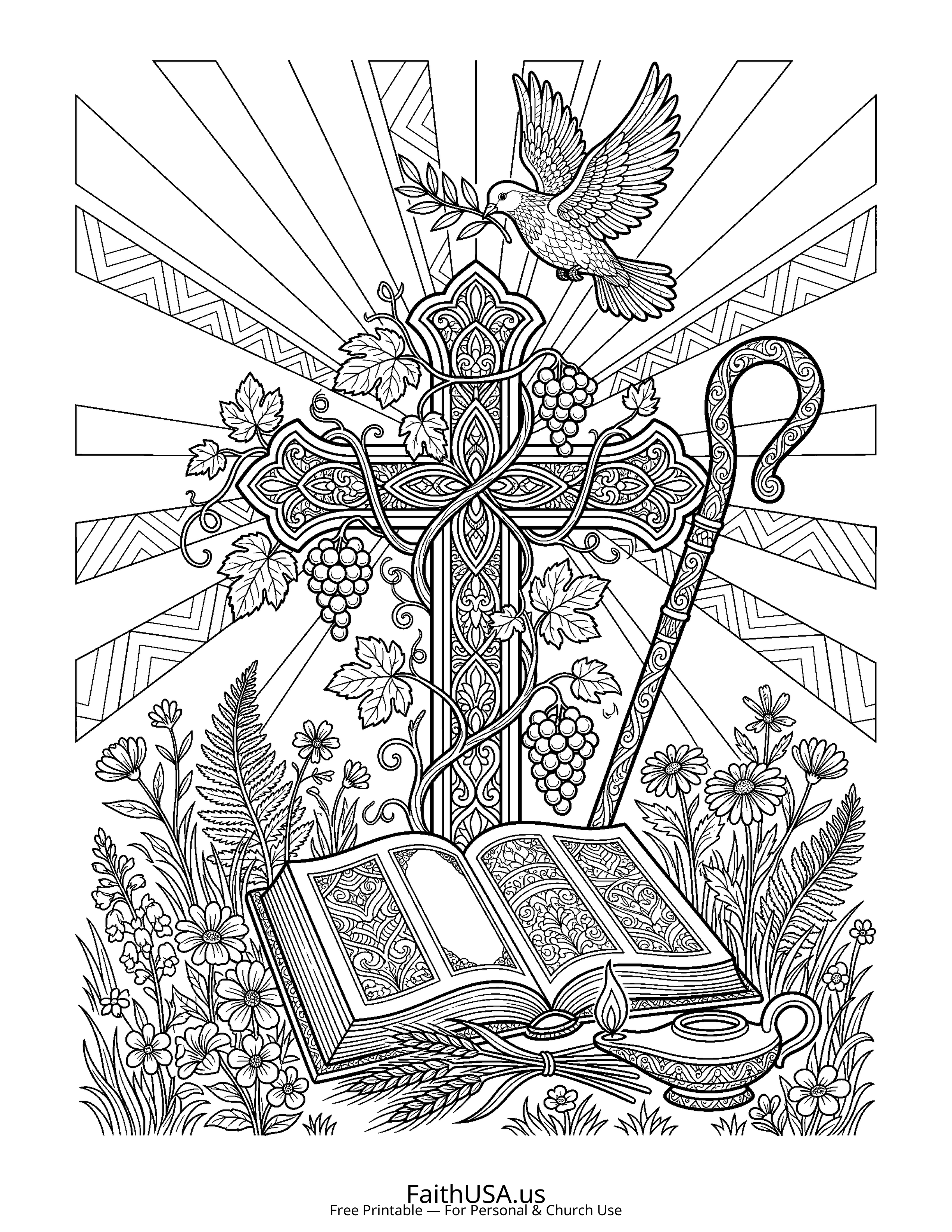 Cross coloring page featuring Cross with Bible and Vine in detailed black-and-white line art