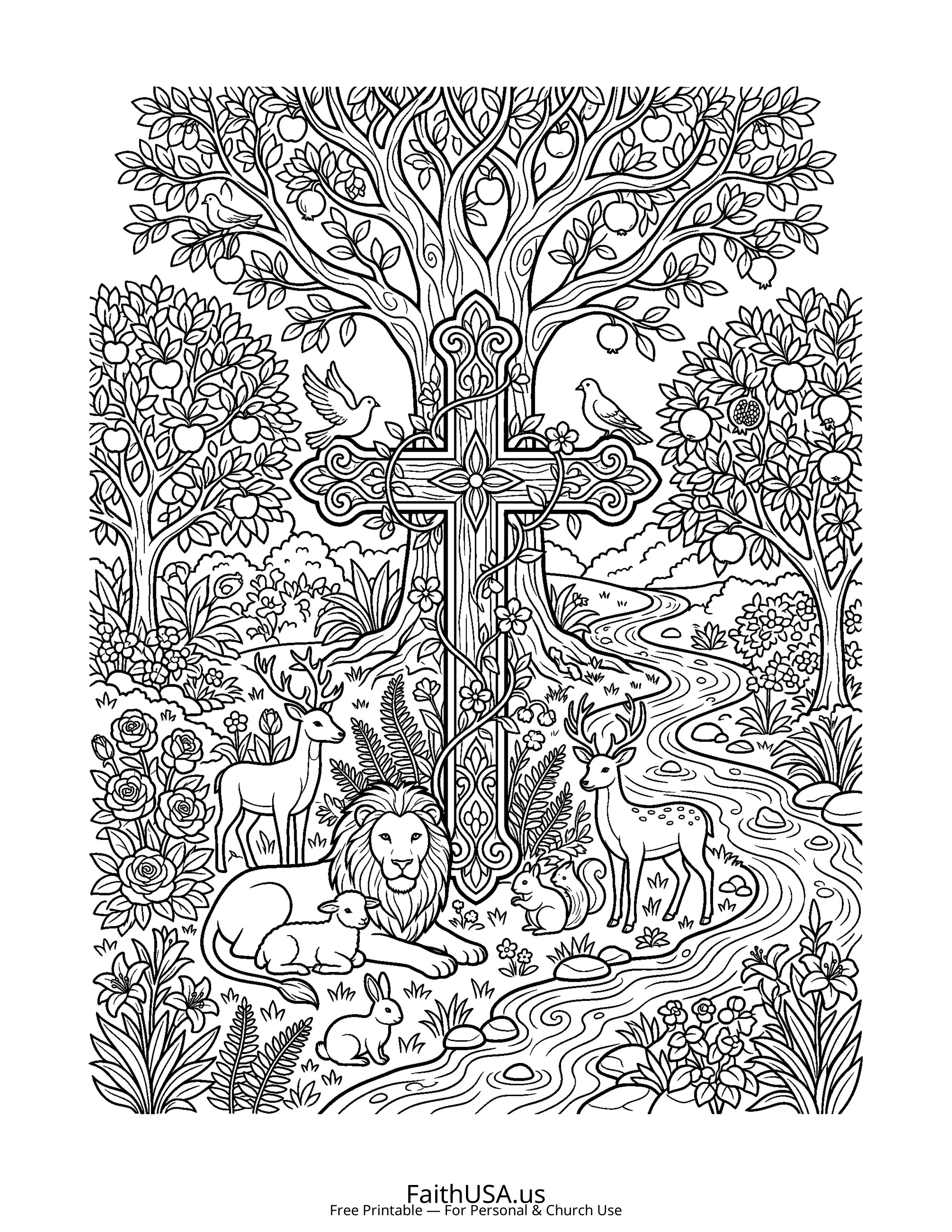 Cross coloring page featuring Christian Cross Mandala in simple black-and-white line art