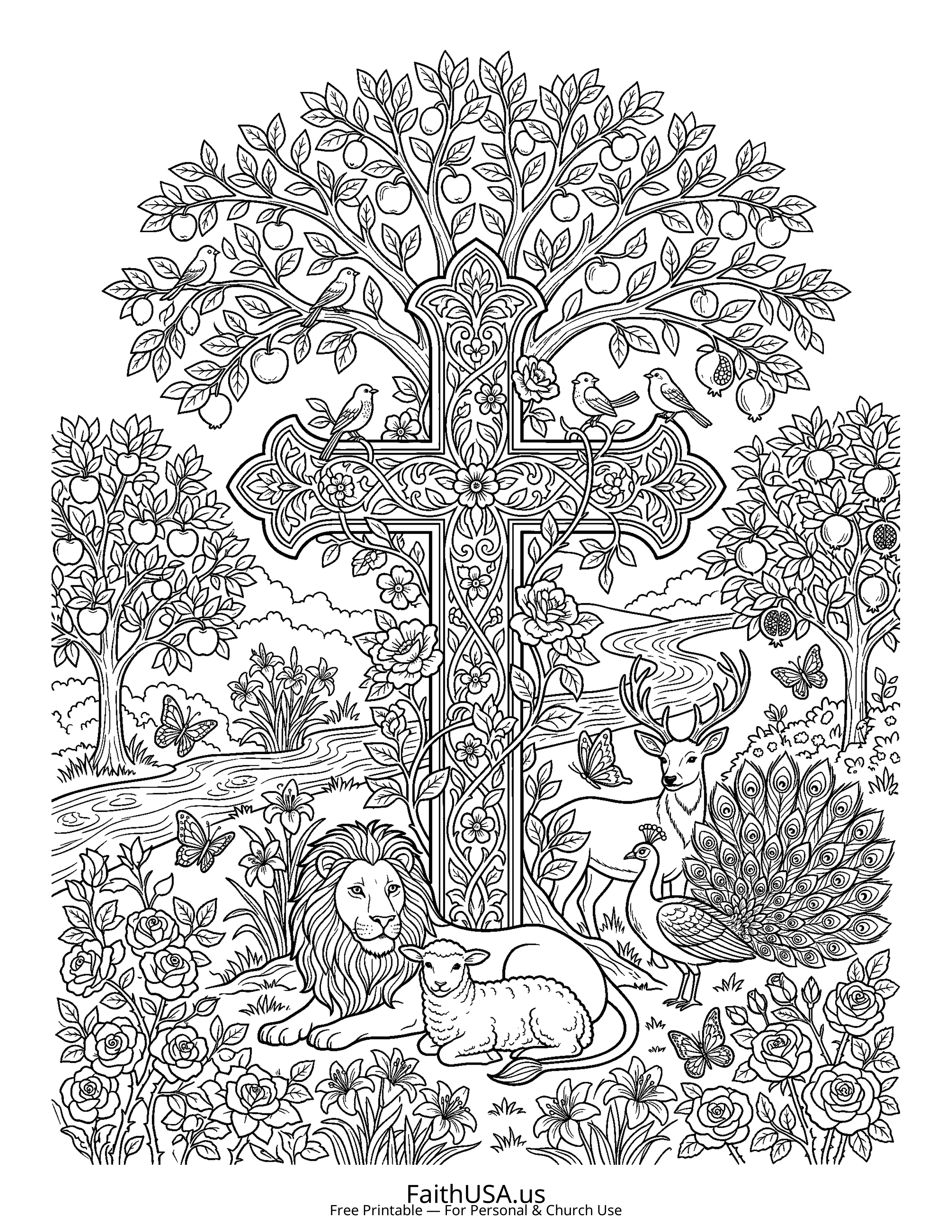 Cross coloring page featuring Christian Cross Mandala in detailed black-and-white line art
