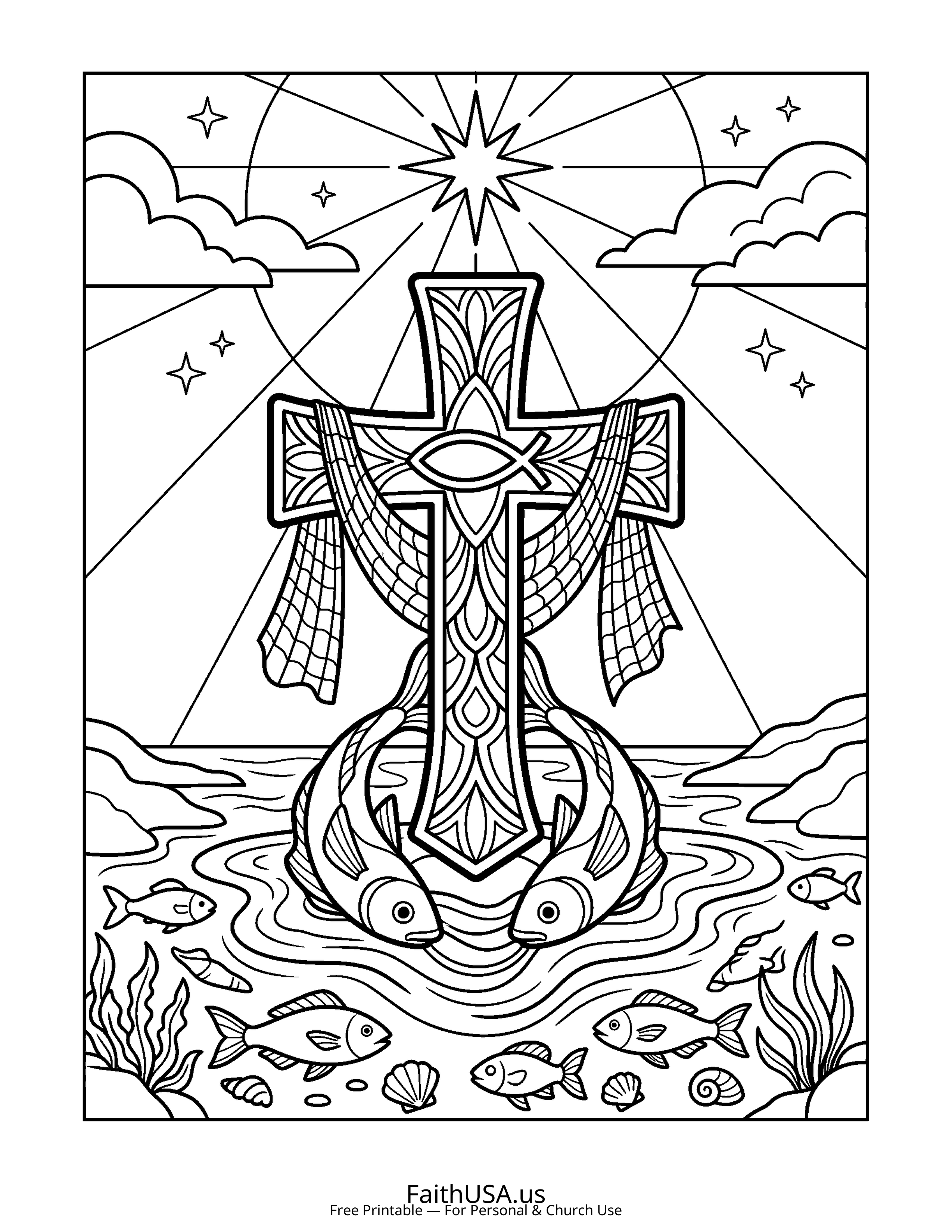 Cross coloring page featuring Cross with Ichthys Fish in simple black-and-white line art