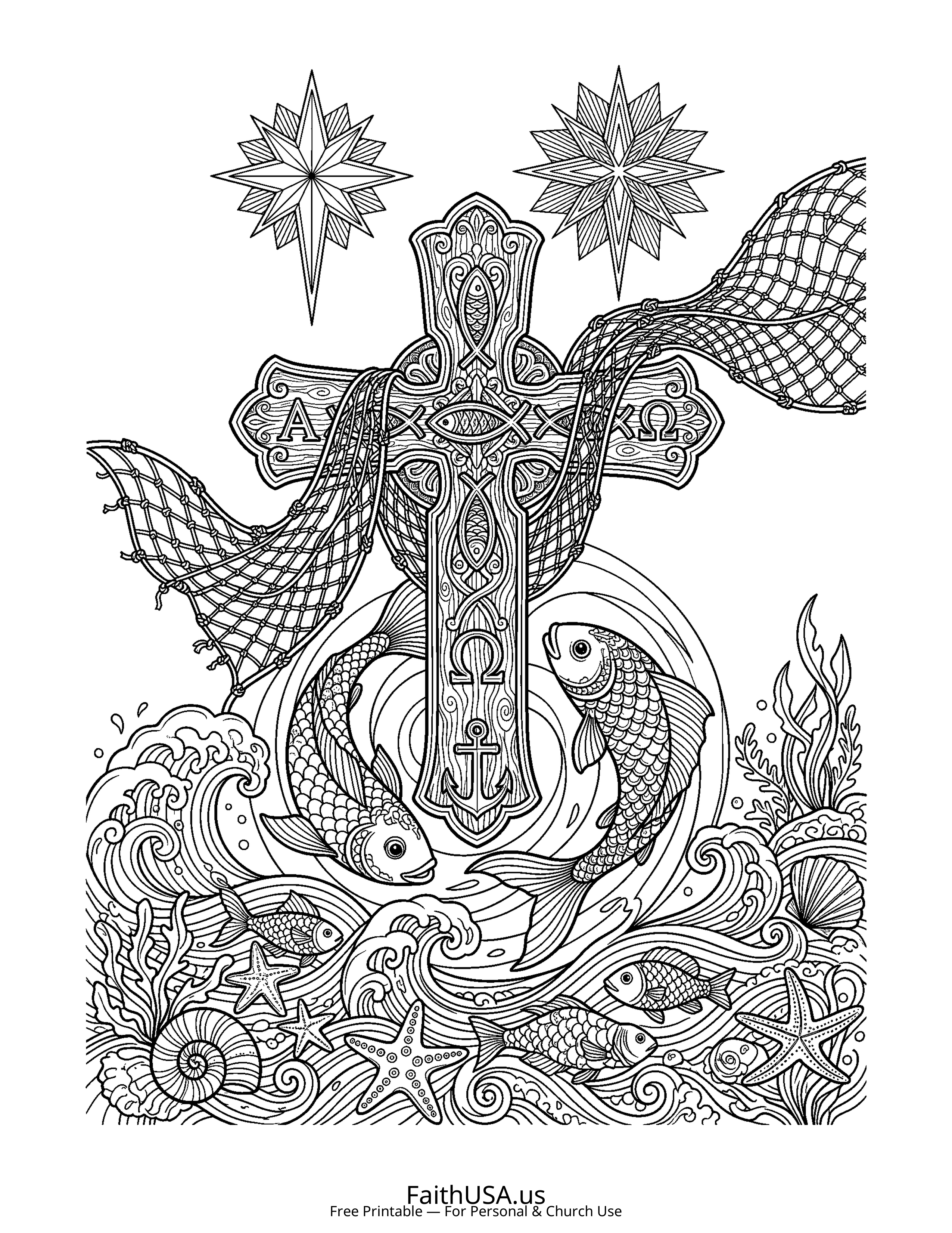 Cross coloring page featuring Cross with Ichthys Fish in detailed black-and-white line art