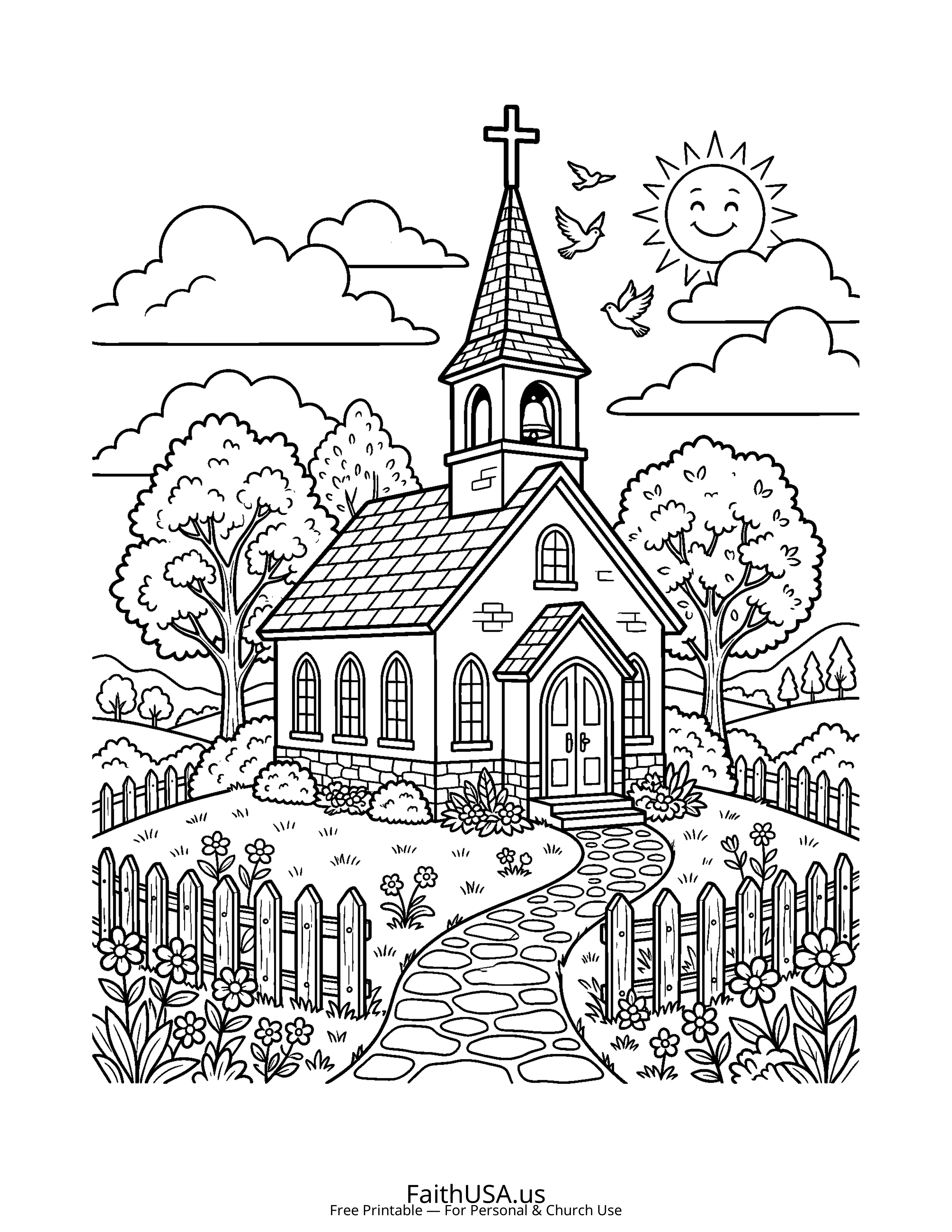 Cross coloring page featuring Church Steeple with Cross in simple black-and-white line art