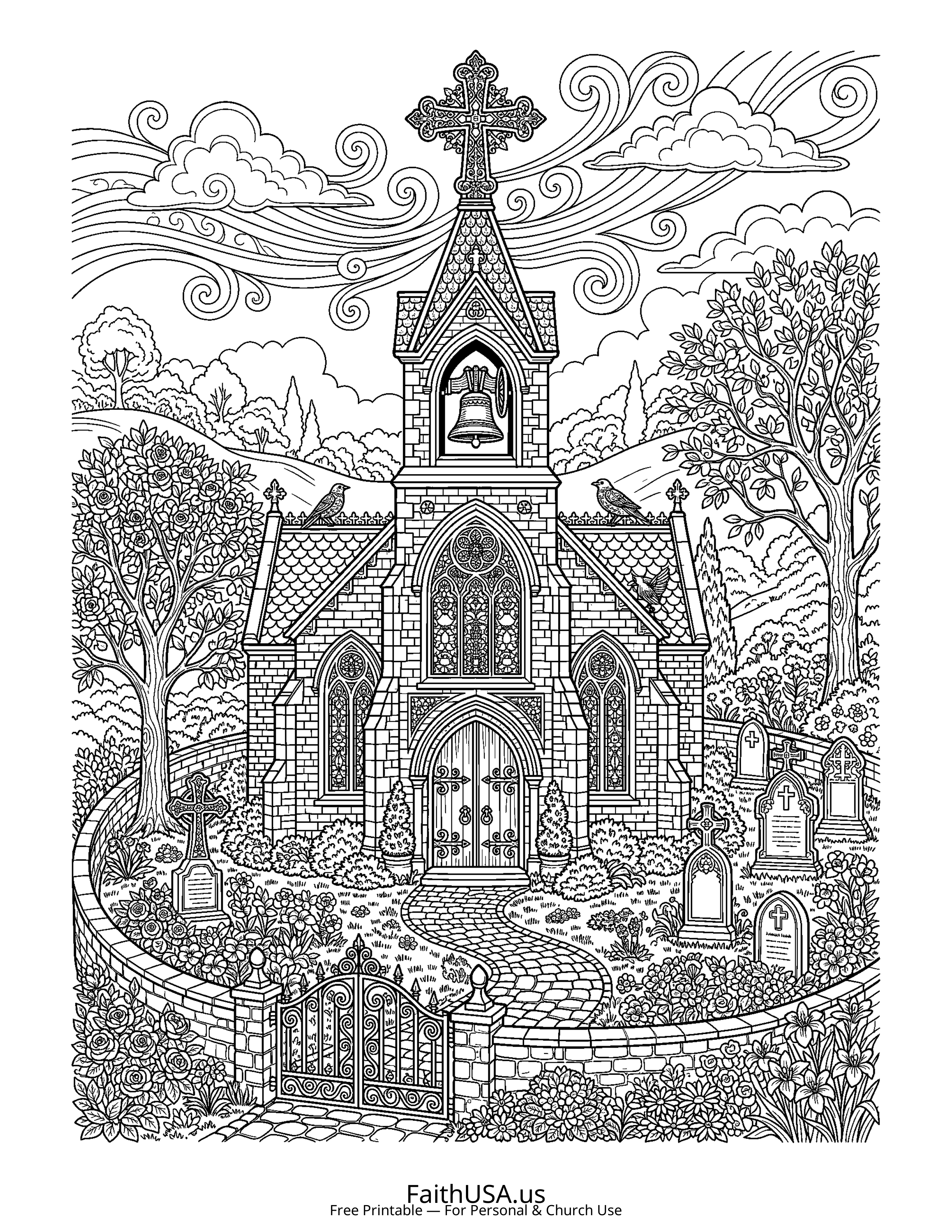 Cross coloring page featuring Church Steeple with Cross in detailed black-and-white line art