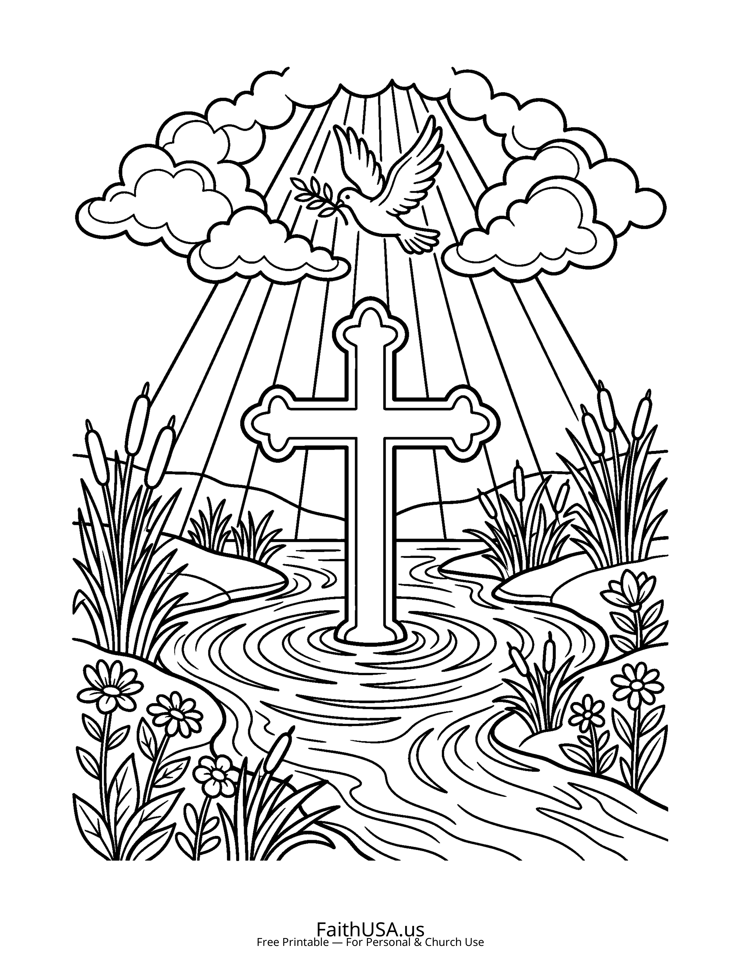 Cross coloring page featuring Cross with Baptism Water in simple black-and-white line art