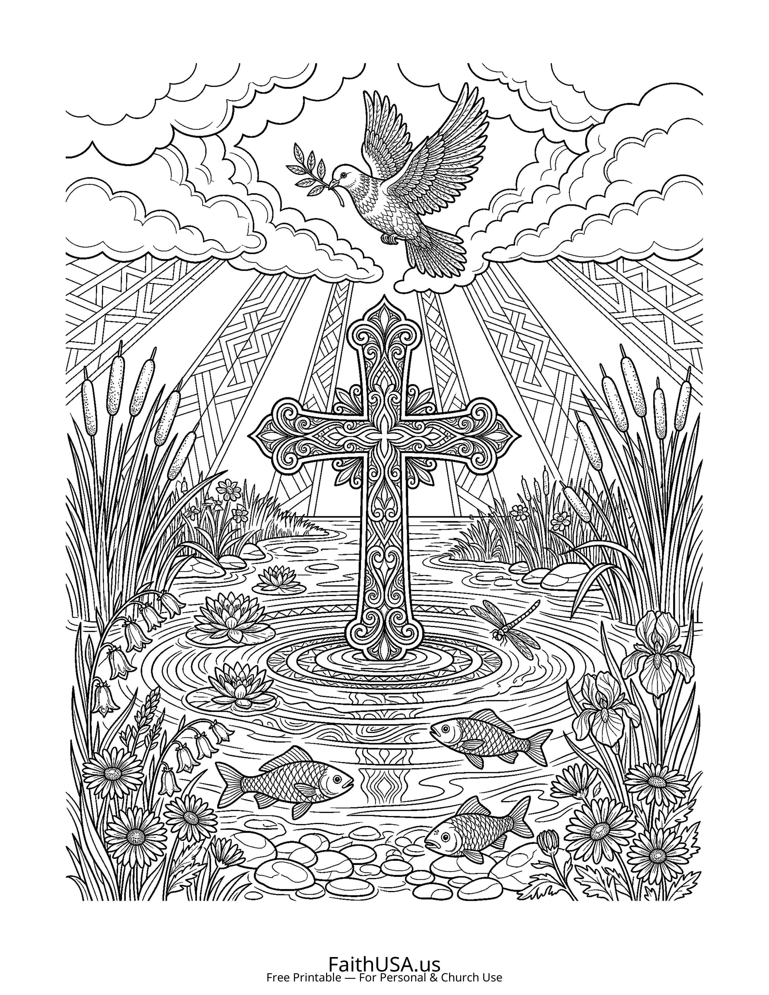 Cross coloring page featuring Cross with Baptism Water in detailed black-and-white line art