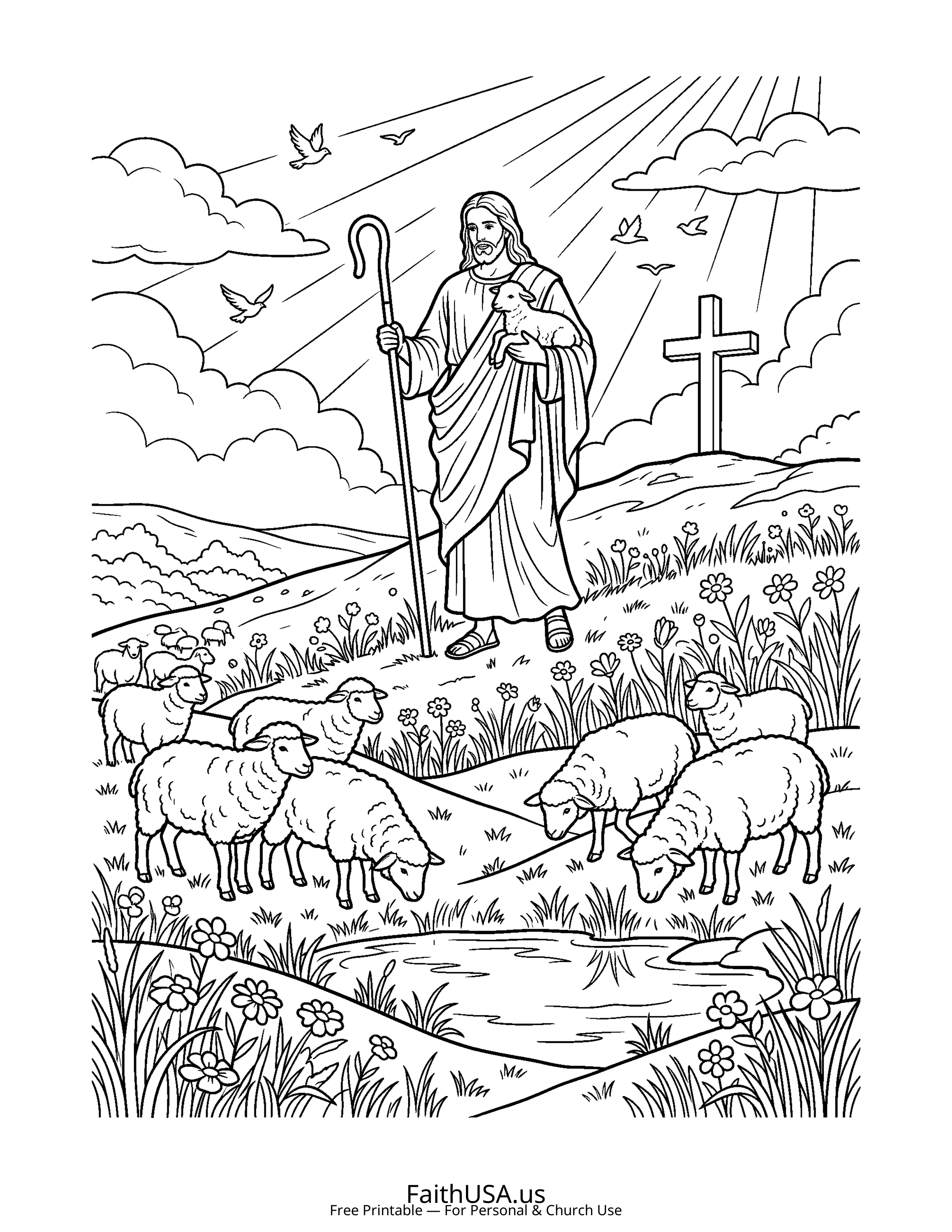 Cross coloring page featuring Good Shepherd Cross in simple black-and-white line art