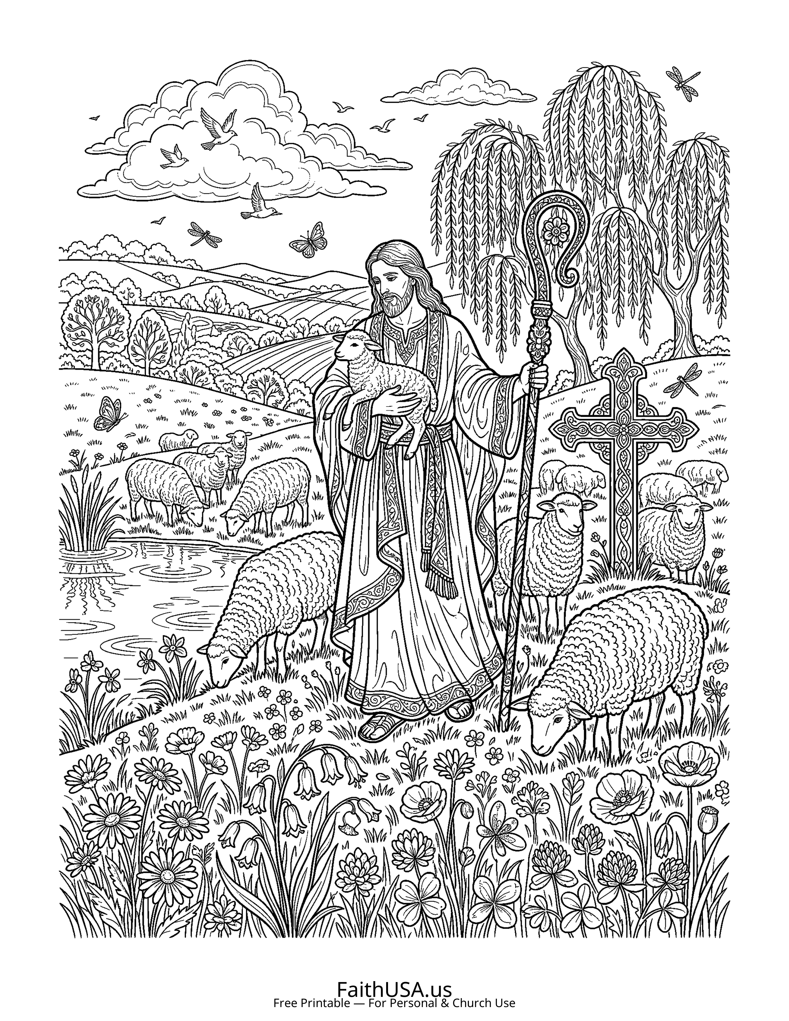 Cross coloring page featuring Good Shepherd Cross in detailed black-and-white line art