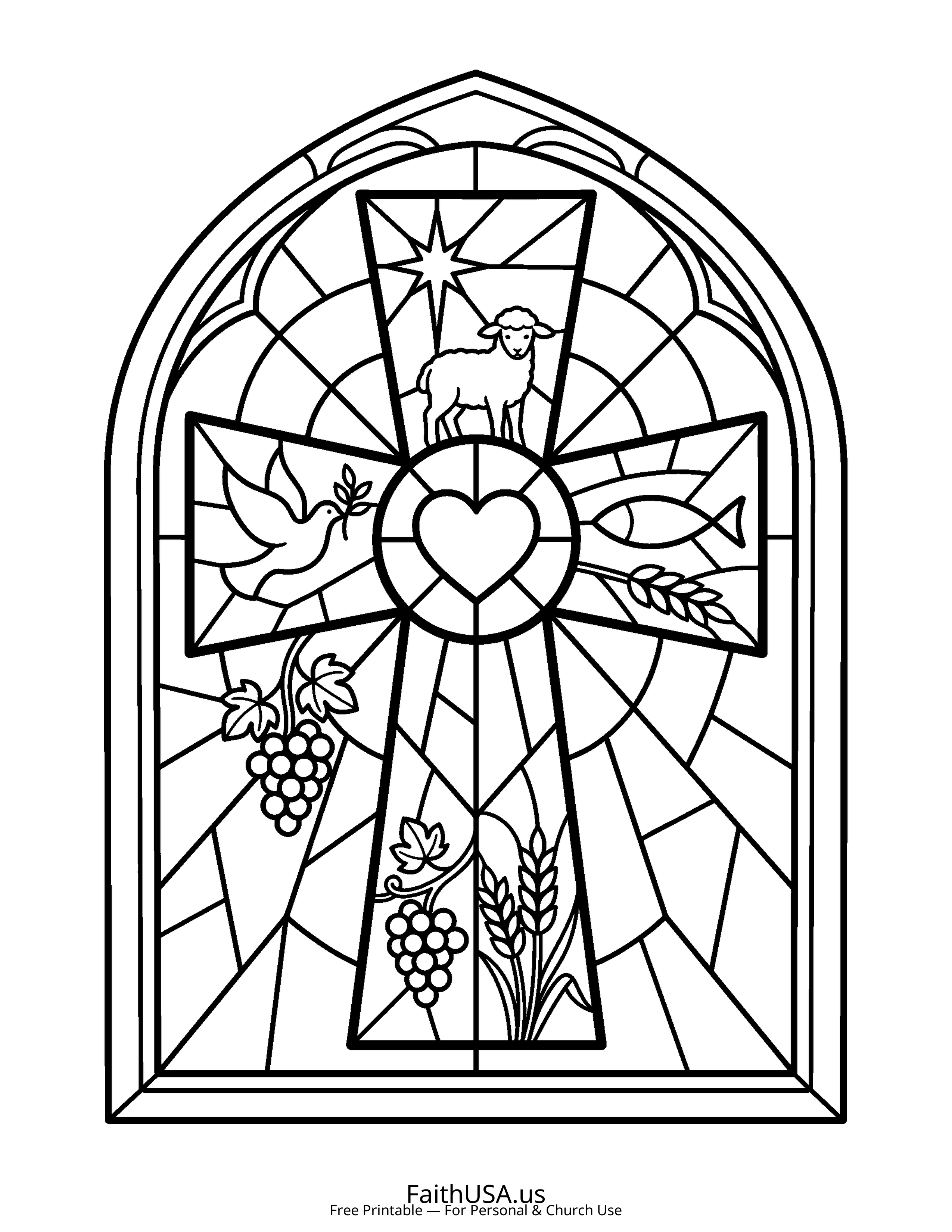 Cross coloring page featuring Stained Glass Cross in simple black-and-white line art