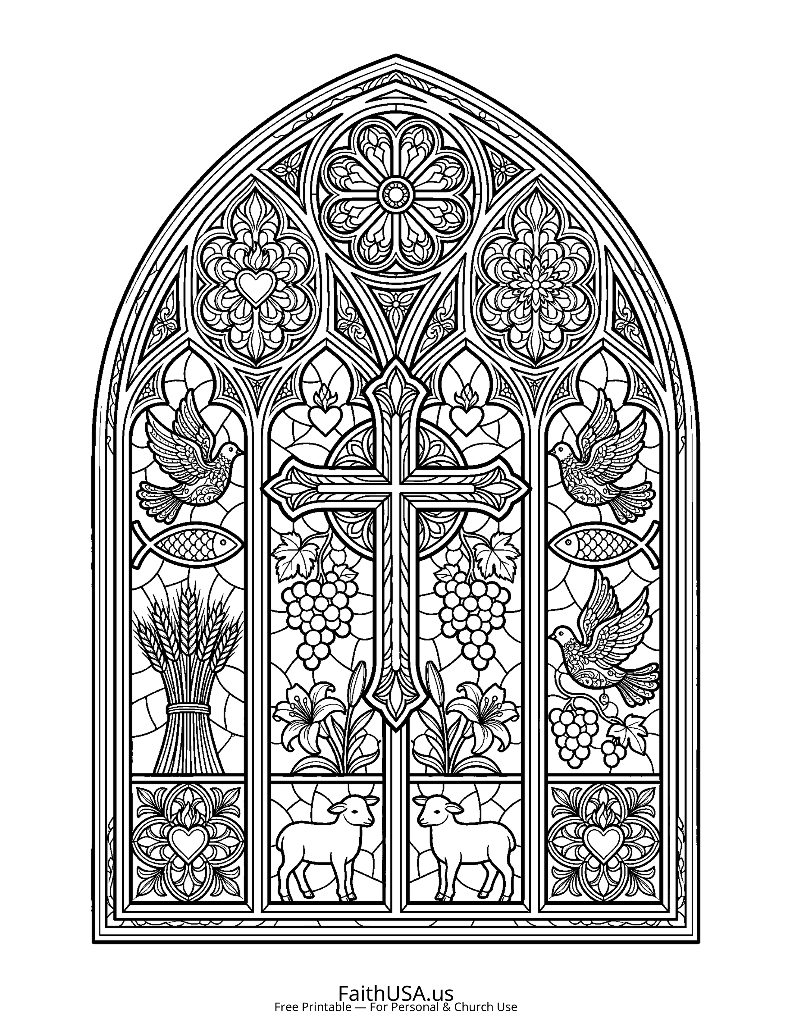 Cross coloring page featuring Stained Glass Cross in detailed black-and-white line art