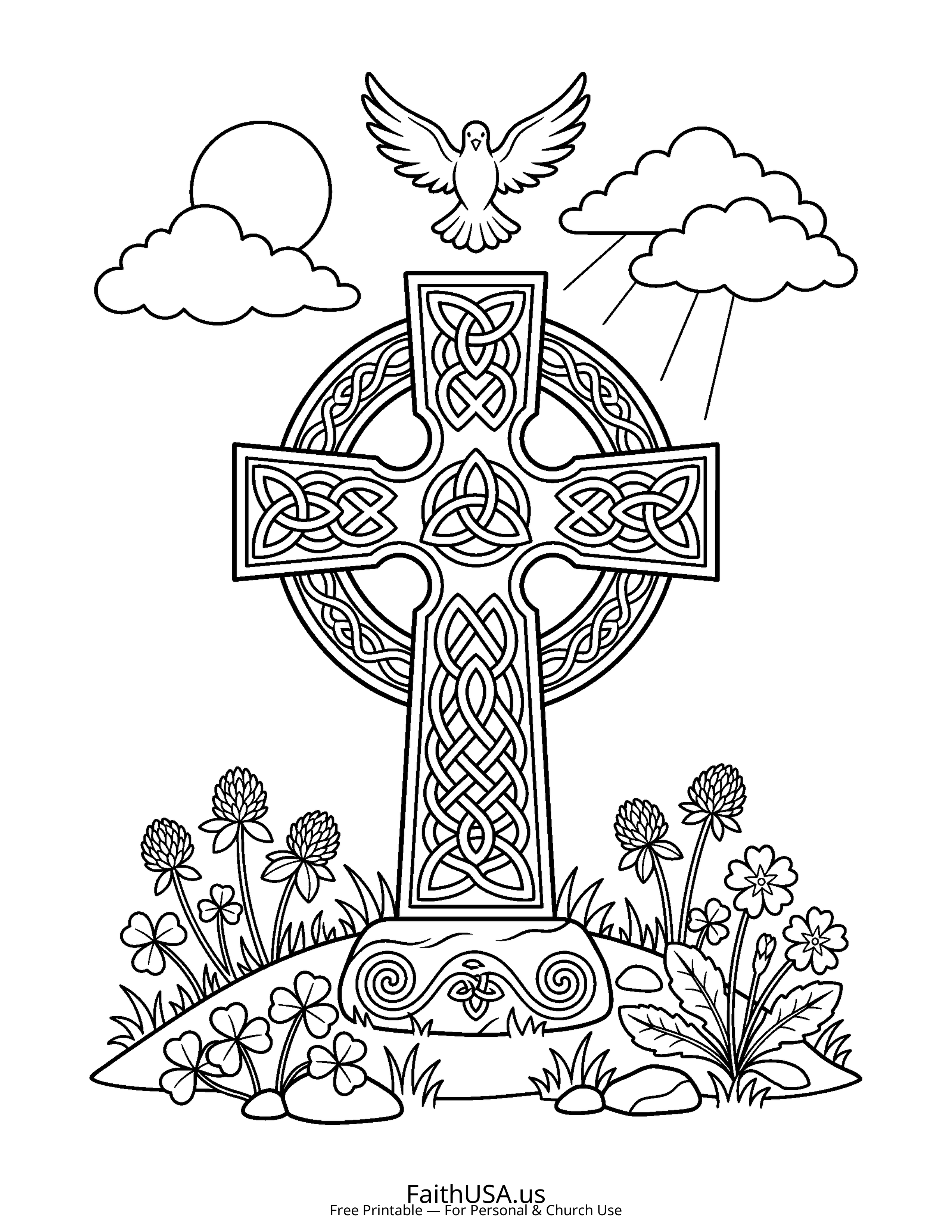 Cross coloring page featuring Celtic Trinity Cross in simple black-and-white line art
