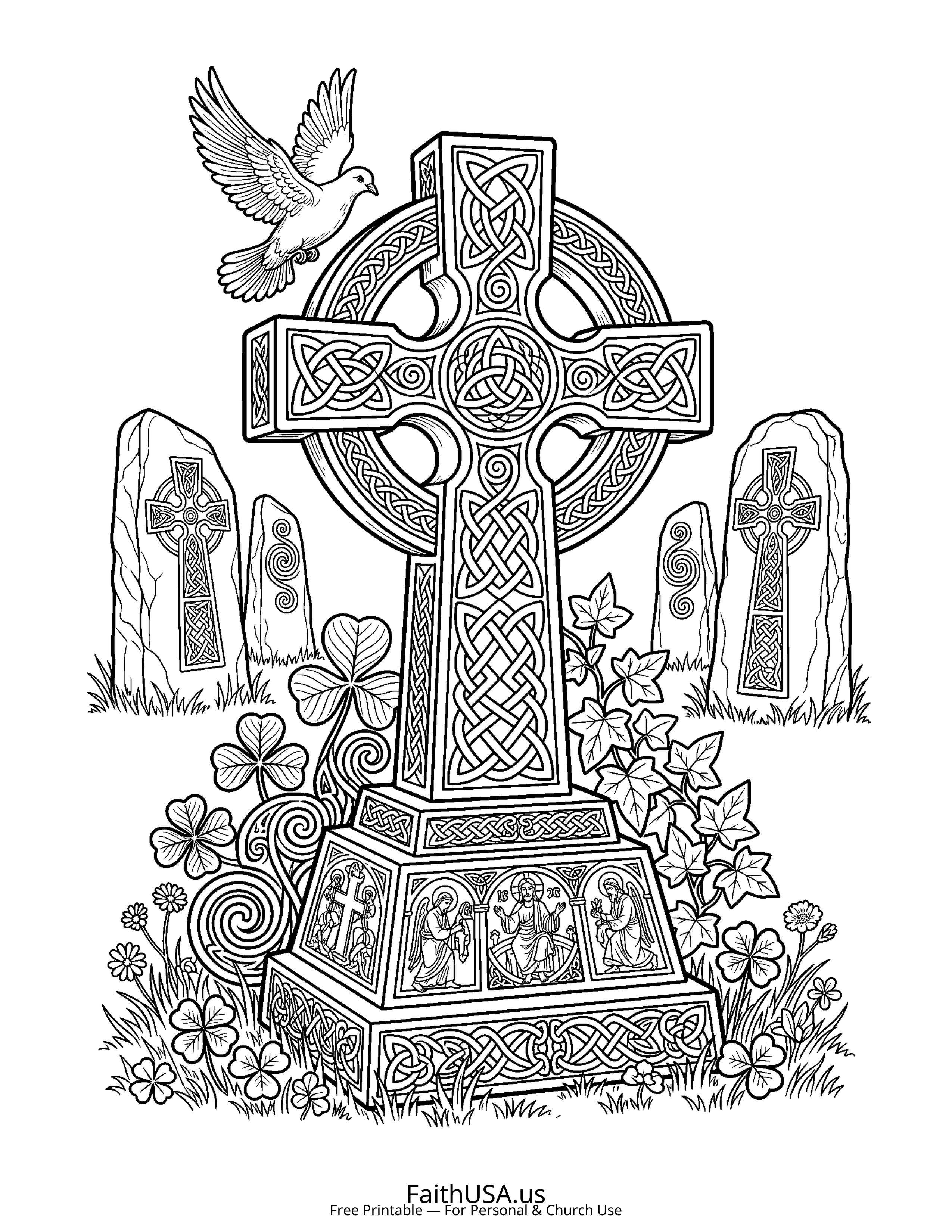 Cross coloring page featuring Celtic High Cross in detailed black-and-white line art