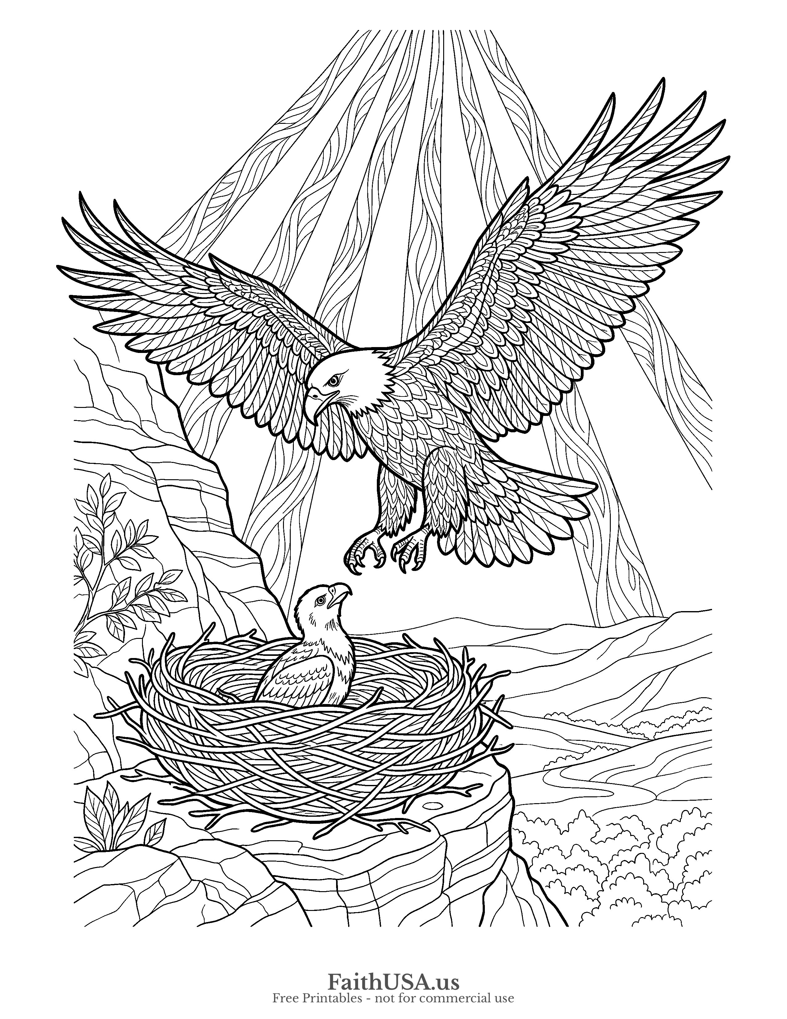 Free printable detailed baby eagle coloring page PDF for kids, nature studies, homeschool, and patriotic lessons