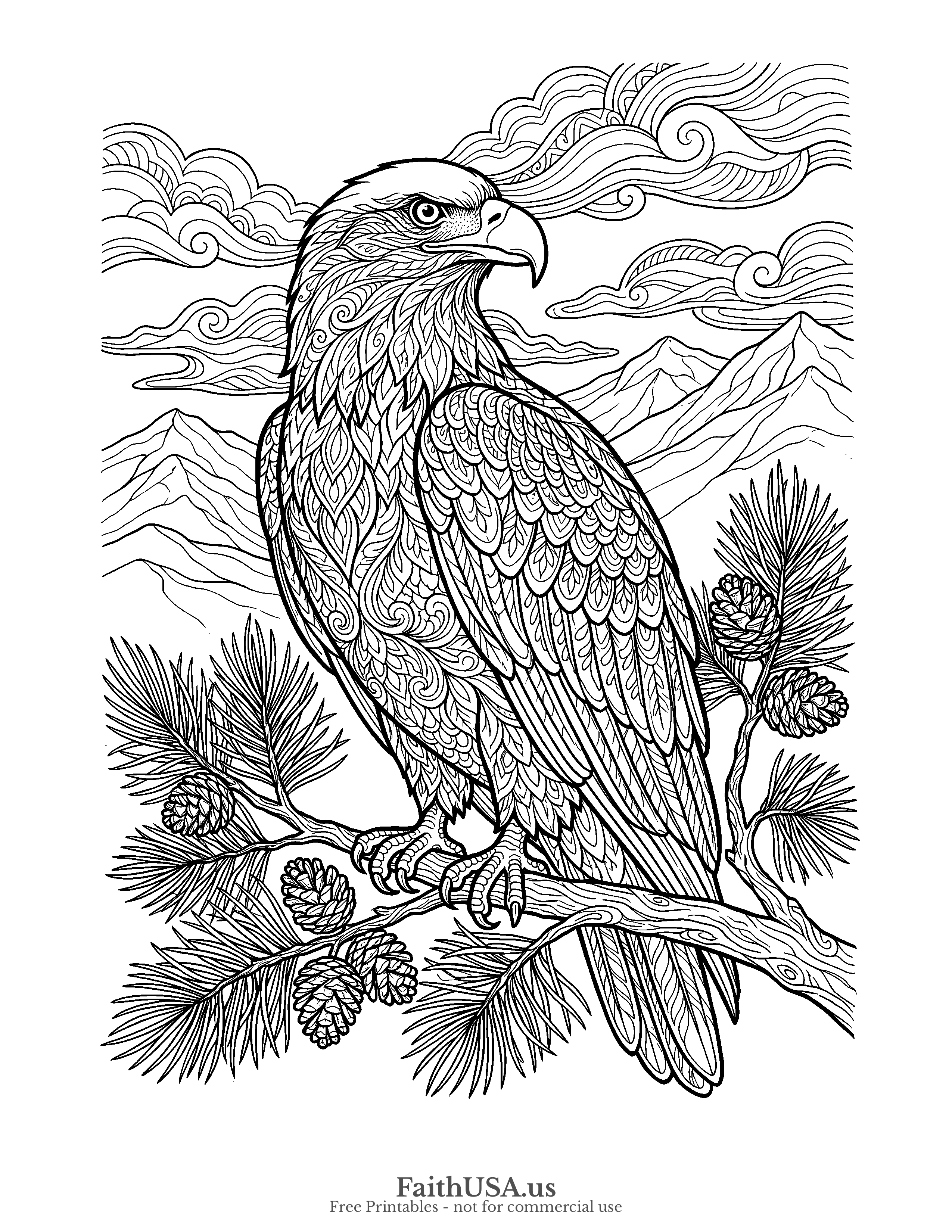 Free printable realistic bald eagle portrait coloring page for adults — a detailed eagle perched on a pine bough with layered feathers, intricate black-and-white line art