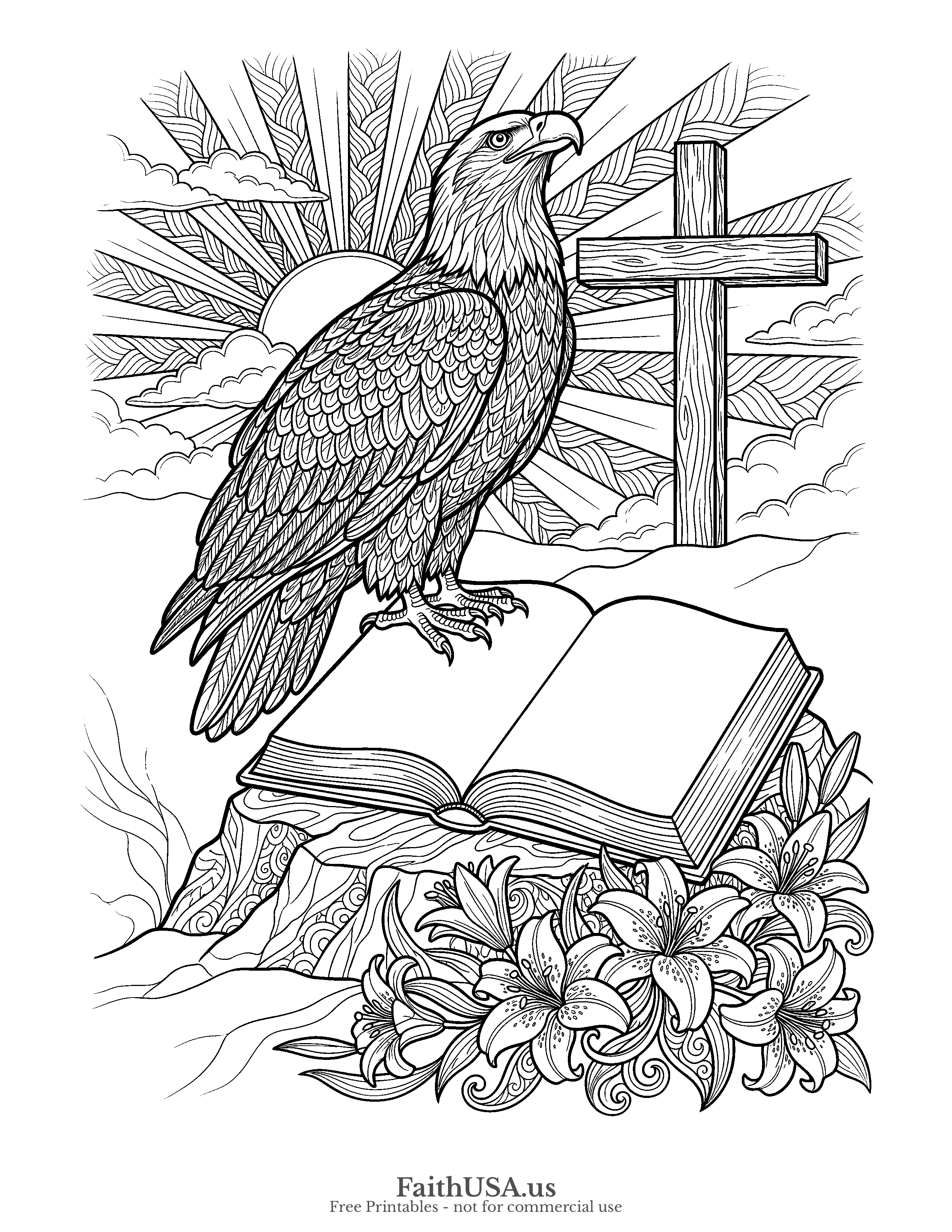 Free printable detailed Christian eagle coloring page — a bald eagle on an open Bible with a cross and sunrise, intricate black-and-white line art for teens and adults