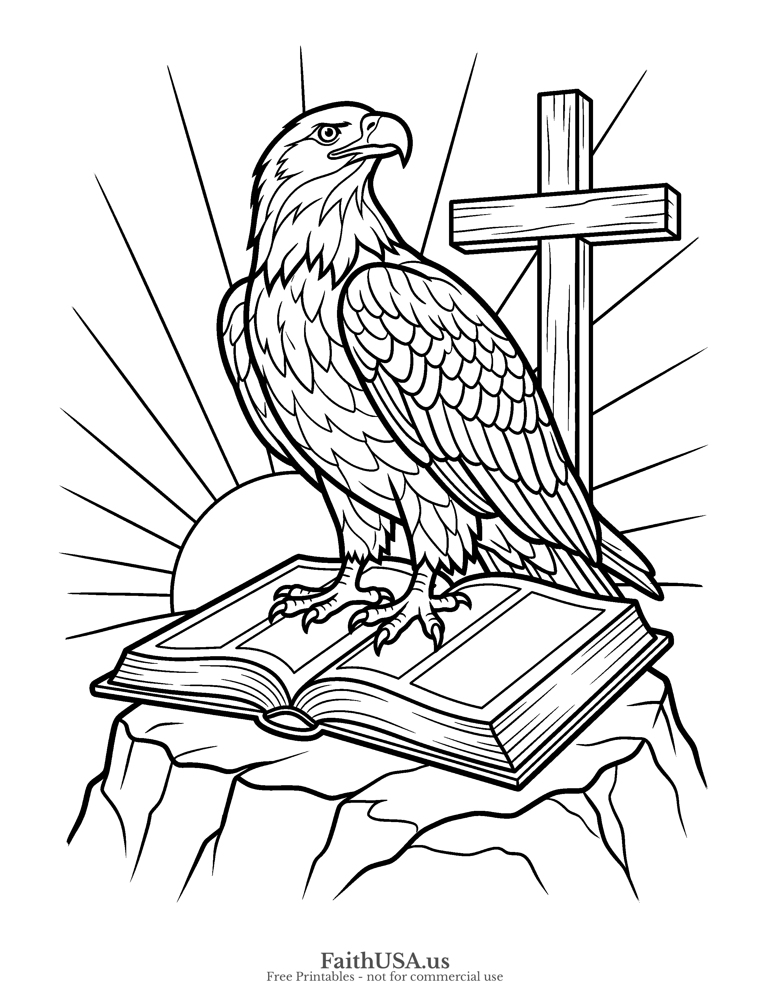 Free printable simple Christian eagle coloring page — a bald eagle perched on an open Bible with a cross and sunrise, bold black-and-white line art for Sunday school and homeschool
