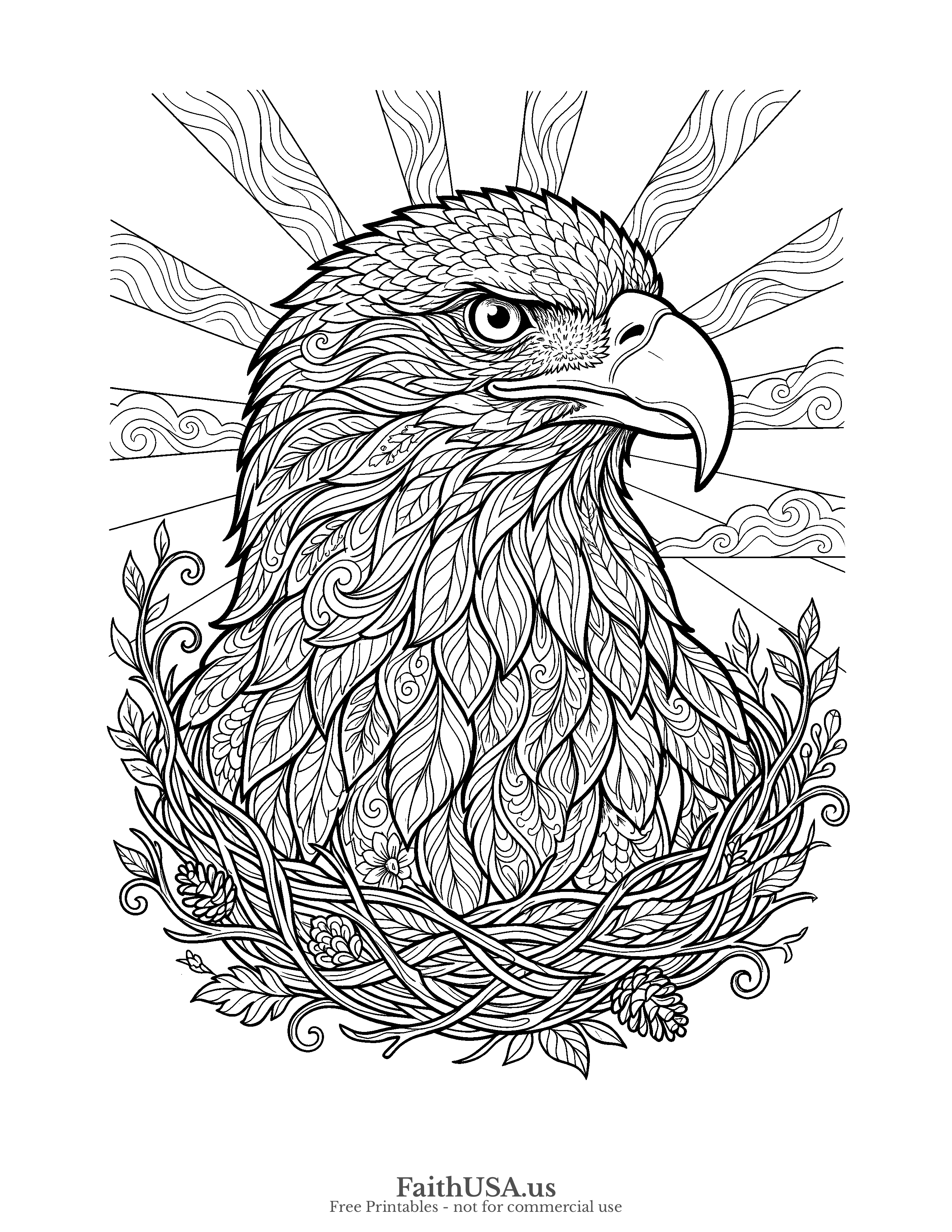 Free printable detailed bald eagle portrait coloring page PDF for older students, adults, civics lessons, and nature studies
