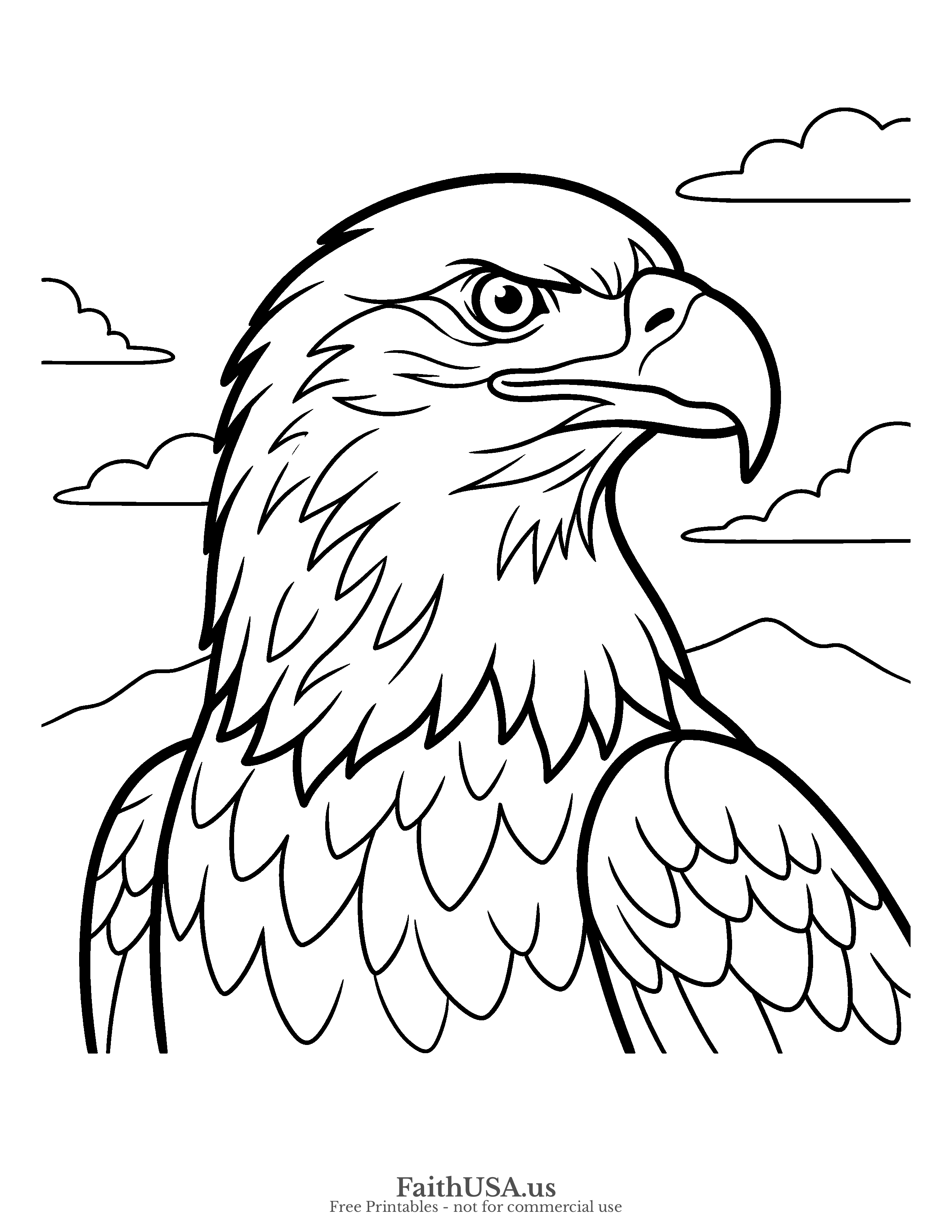 Free printable simple bald eagle portrait coloring page PDF for kids, animal studies, and patriotic activity packets