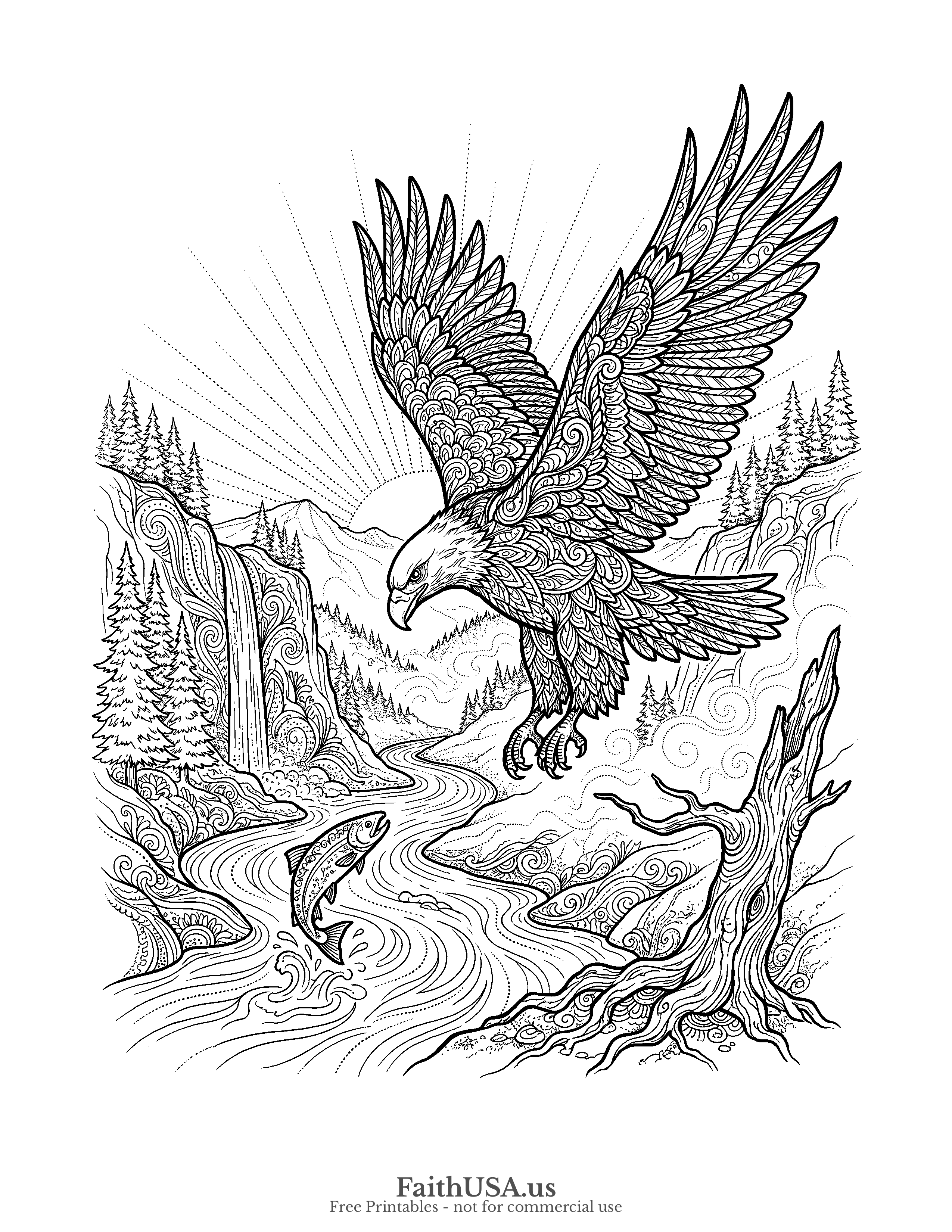 Free printable detailed eagle in flight coloring page PDF for kids, nature studies, homeschool, and patriotic lessons