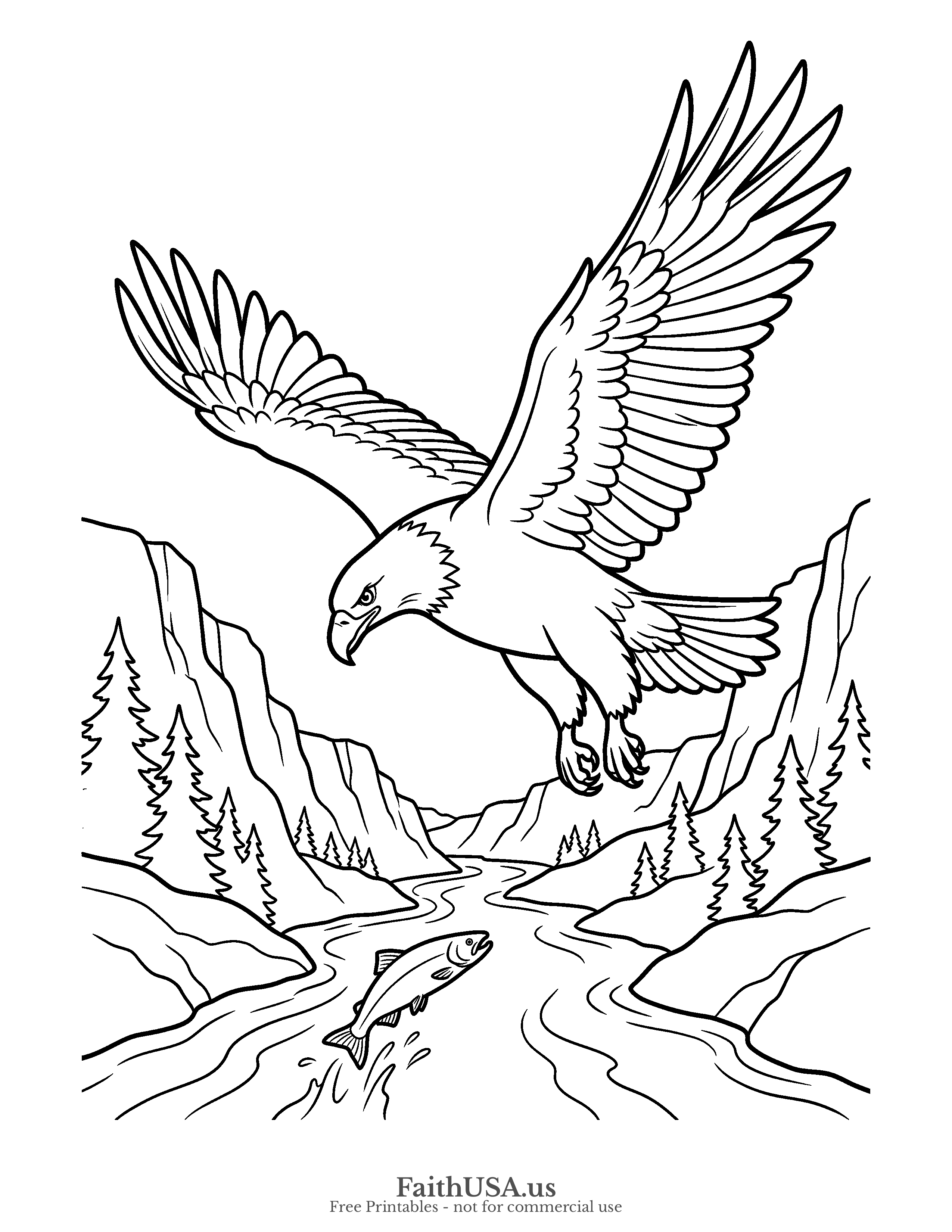 Free printable simple eagle in flight coloring page PDF for kids, nature studies, homeschool, and patriotic lessons