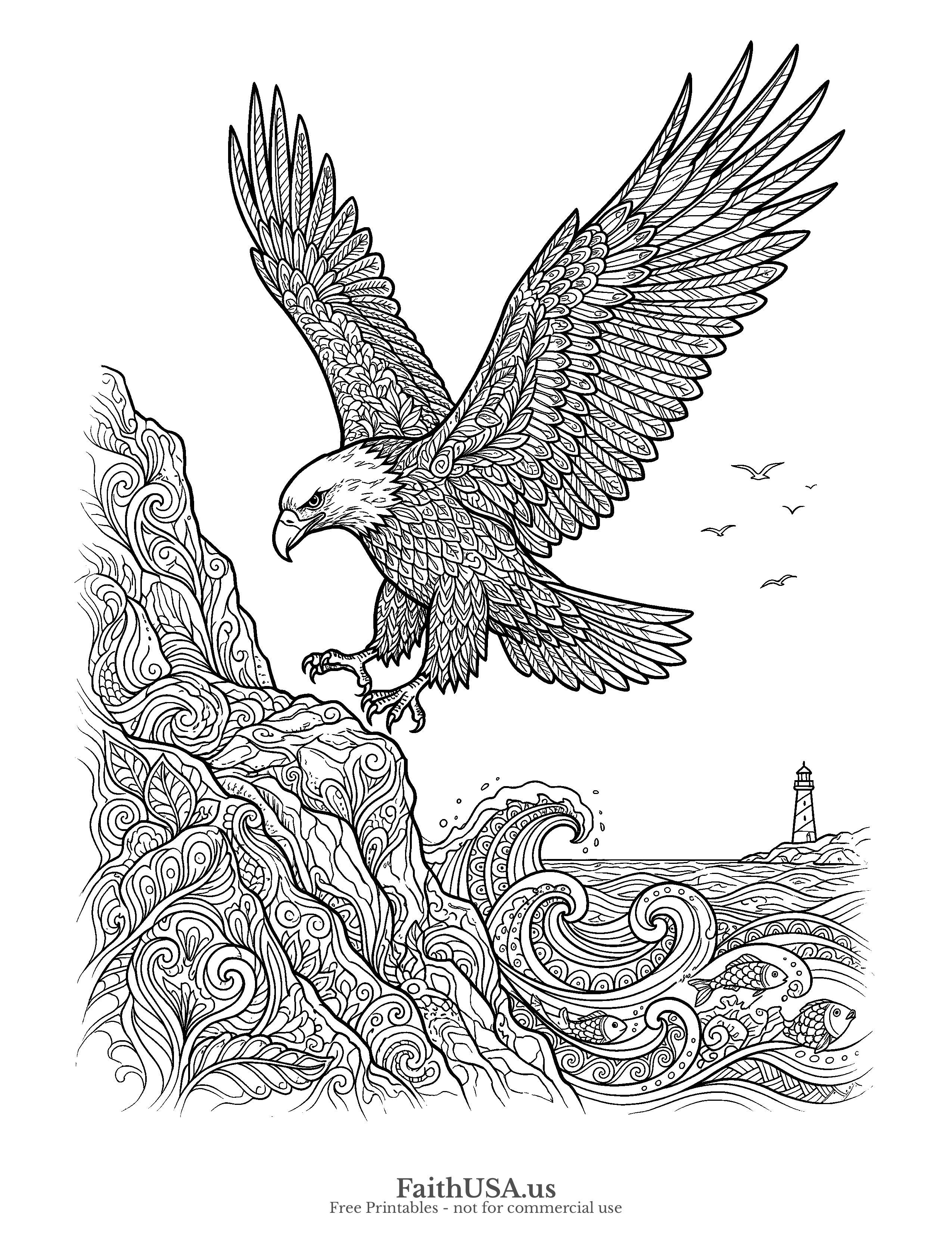Free printable detailed bald eagle eagle landing coloring page PDF for older students, adults, civics lessons, and nature studies