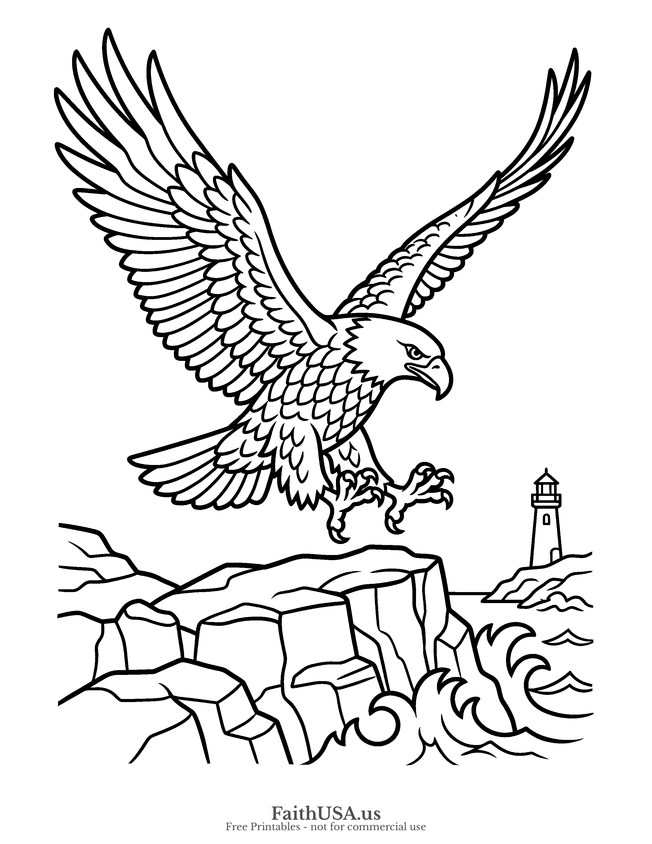 Free printable simple bald eagle eagle landing coloring page PDF for kids, animal studies, and patriotic activity packets