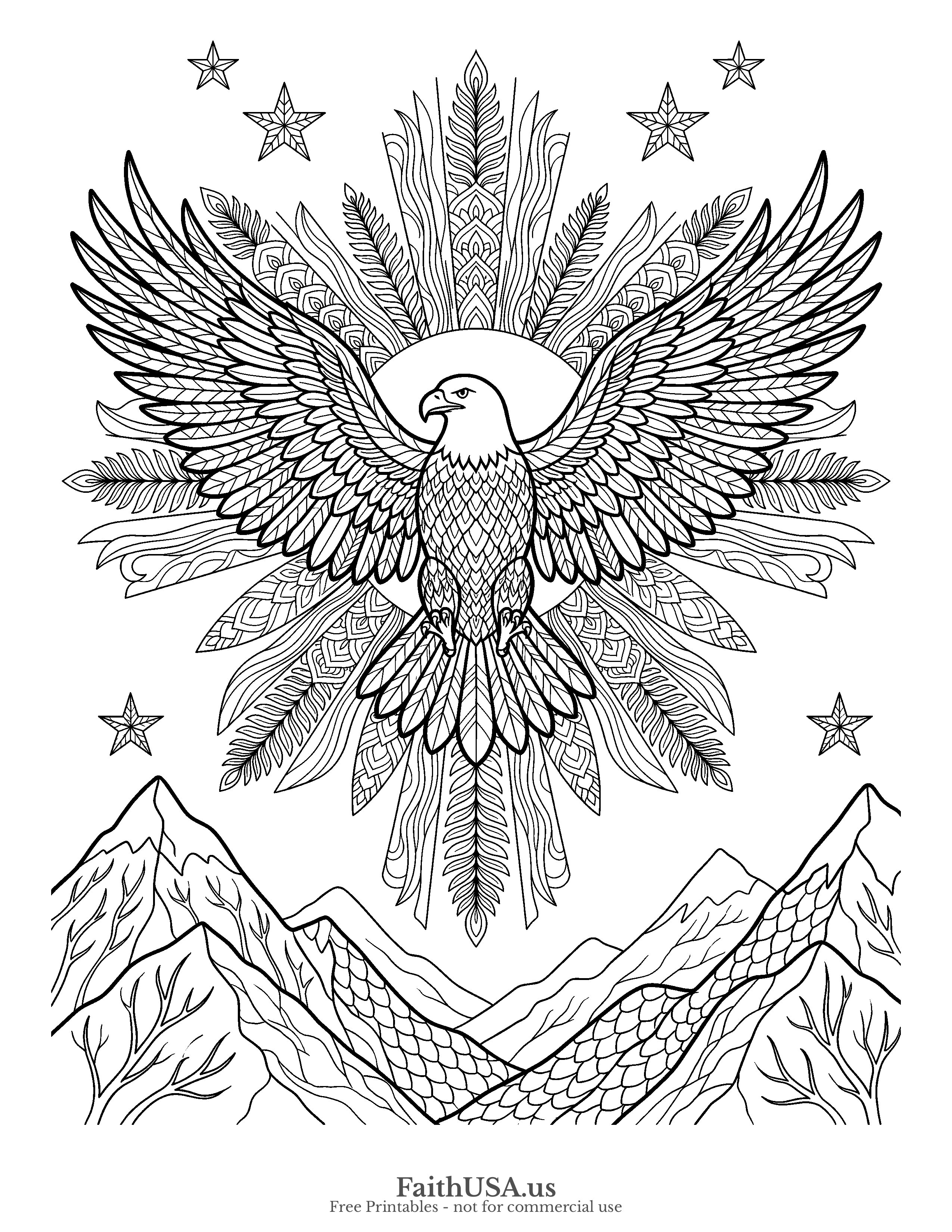 Free printable detailed bald eagle mandala coloring page PDF for older students, adults, civics lessons, and nature studies