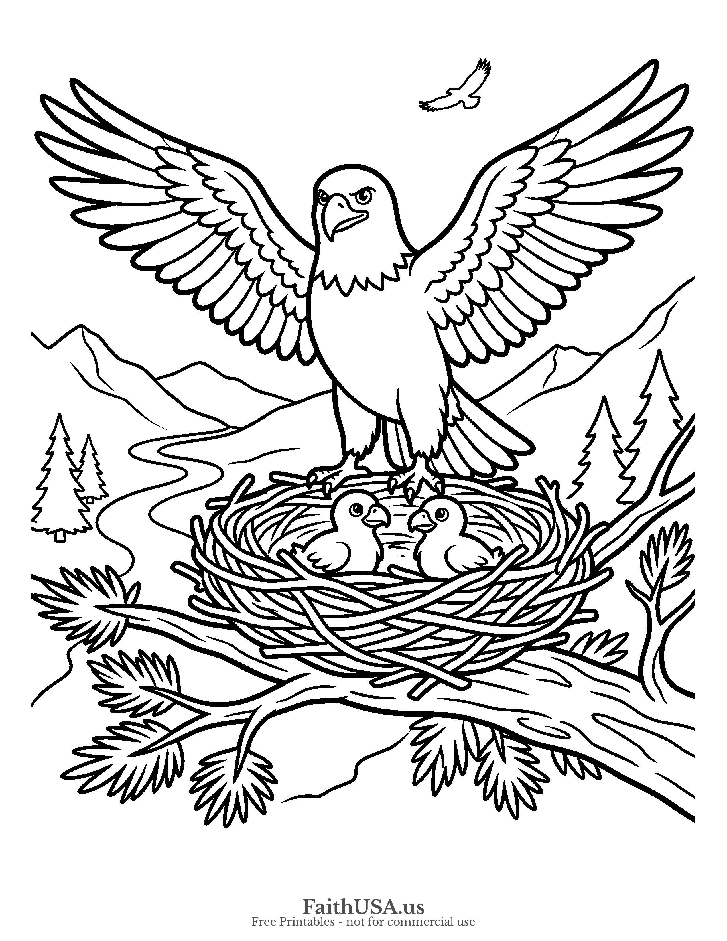 Free printable simple bald eagle nest coloring page PDF for kids, nature studies, homeschool, and patriotic lessons