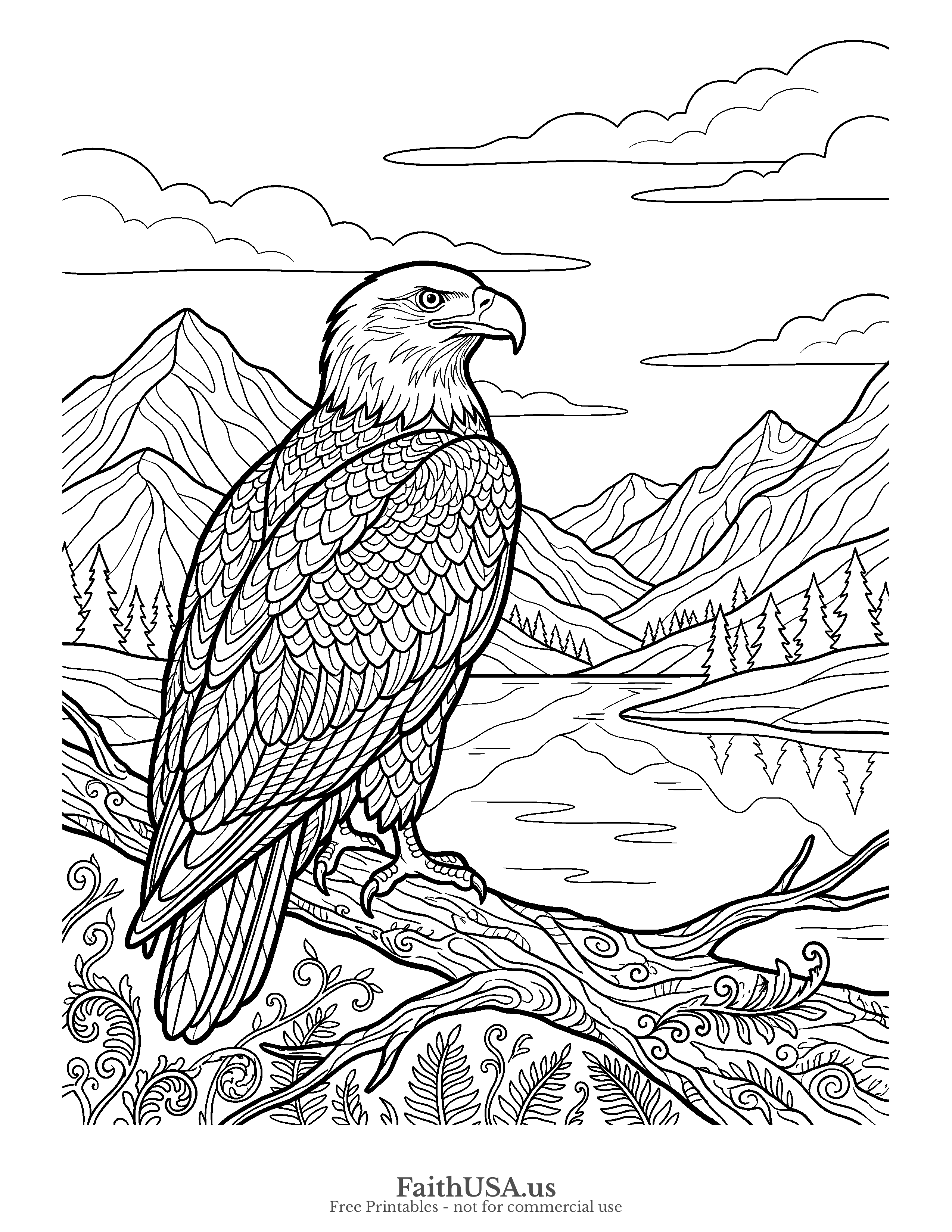 Free printable detailed bald eagle eagle perched coloring page PDF for older students, adults, civics lessons, and nature studies