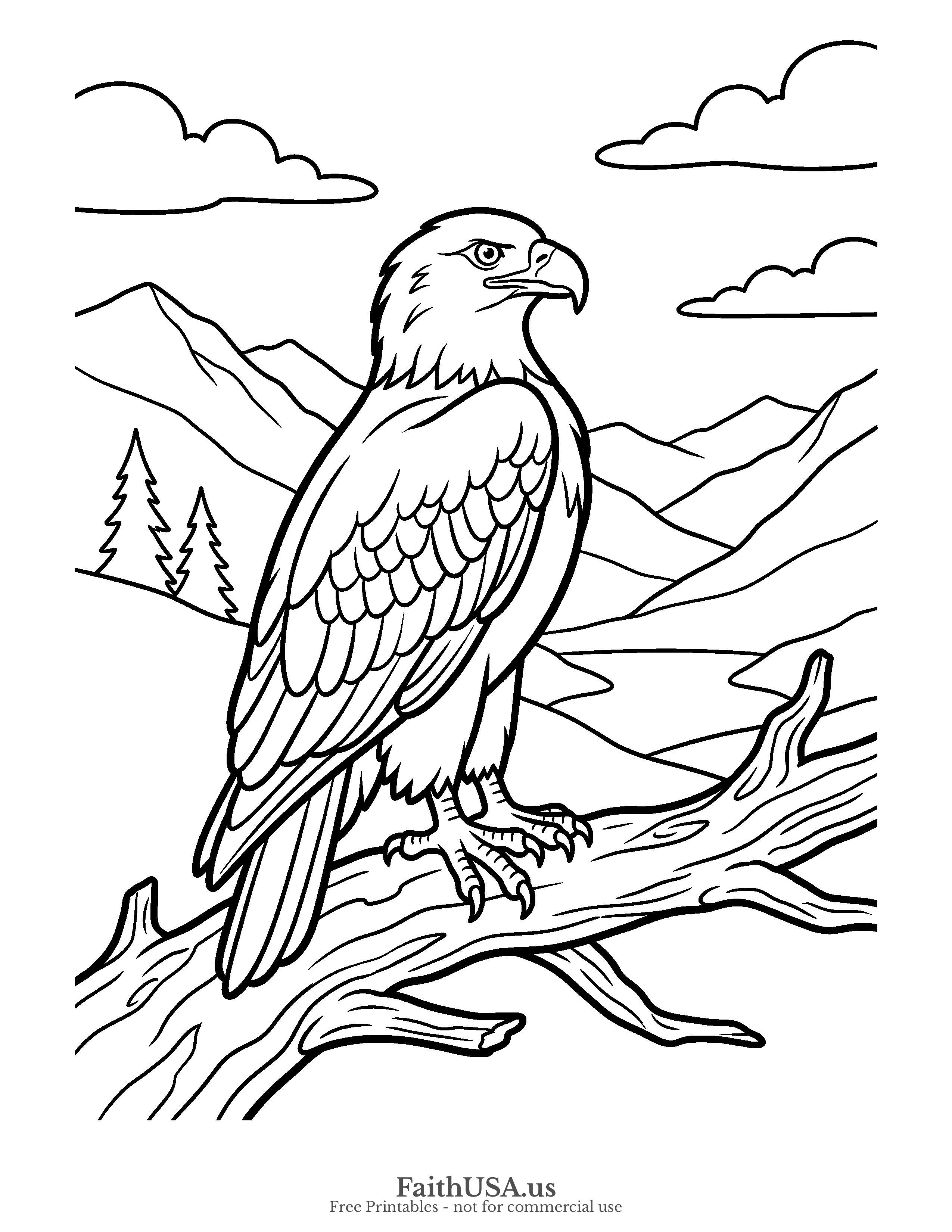 Free printable simple bald eagle eagle perched coloring page PDF for kids, animal studies, and patriotic activity packets