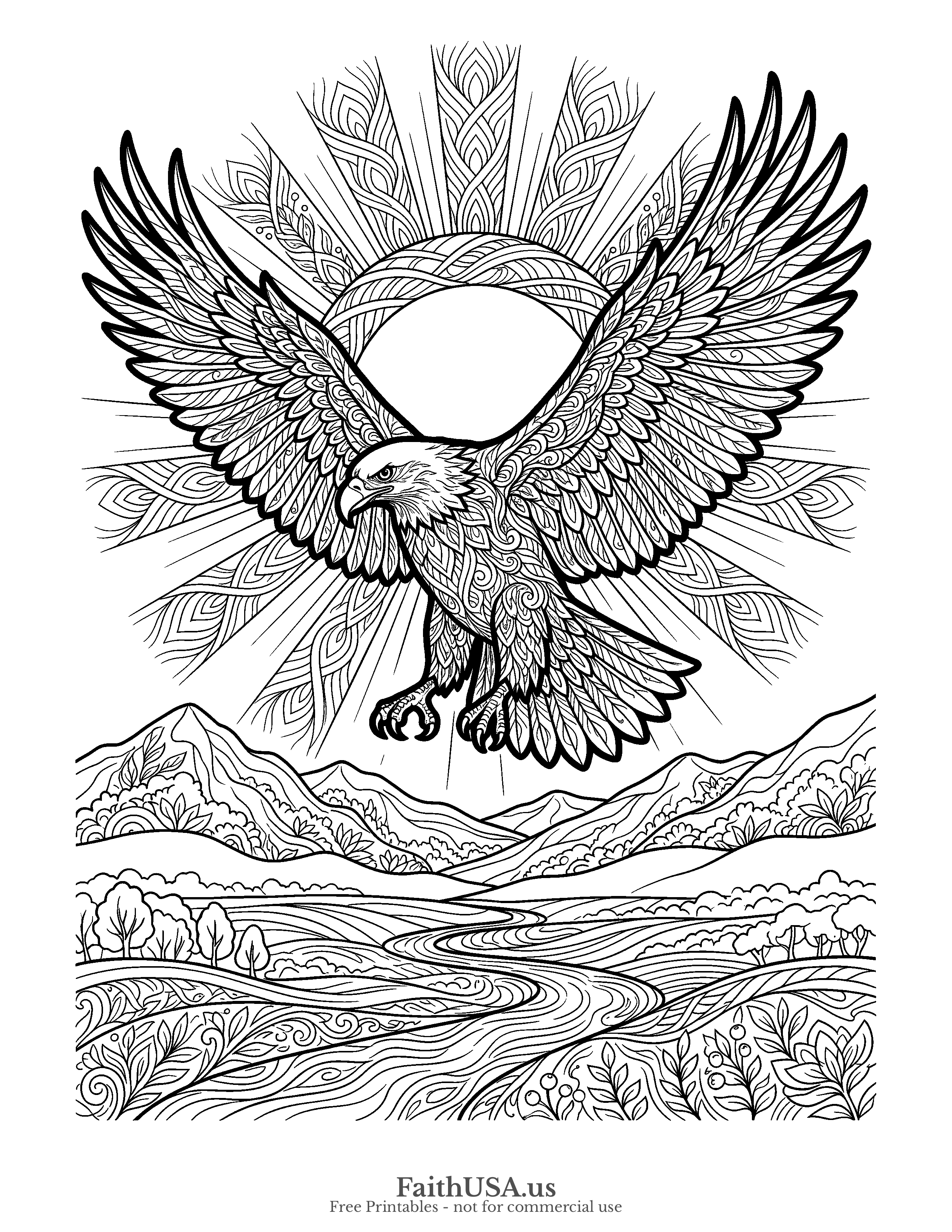 Free printable detailed bald eagle eagle silhouette coloring page PDF for older students, adults, civics lessons, and nature studies