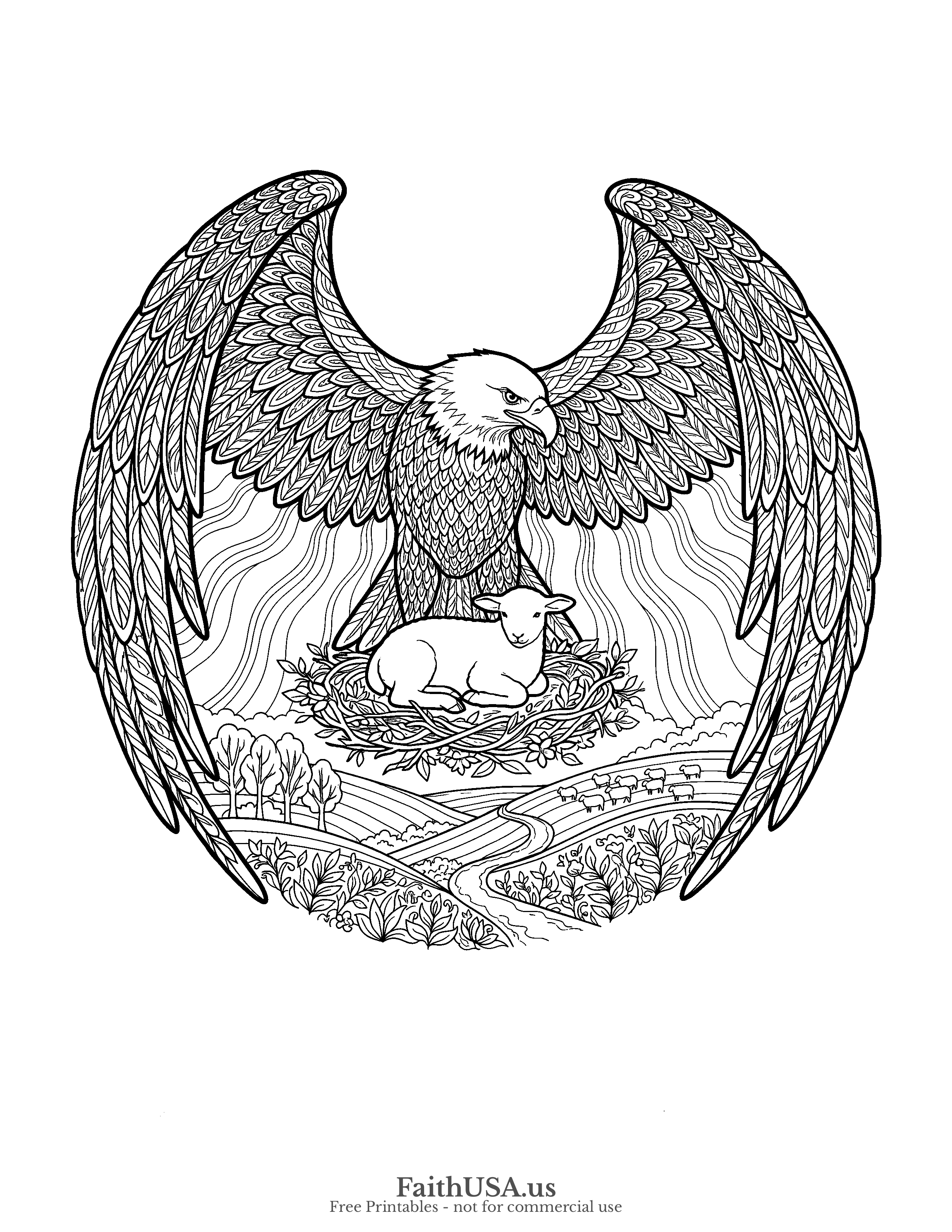 Free printable detailed Exodus 19:4 coloring page — a bald eagle’s sheltering wings over a lamb in a pastoral valley, intricate black-and-white line art