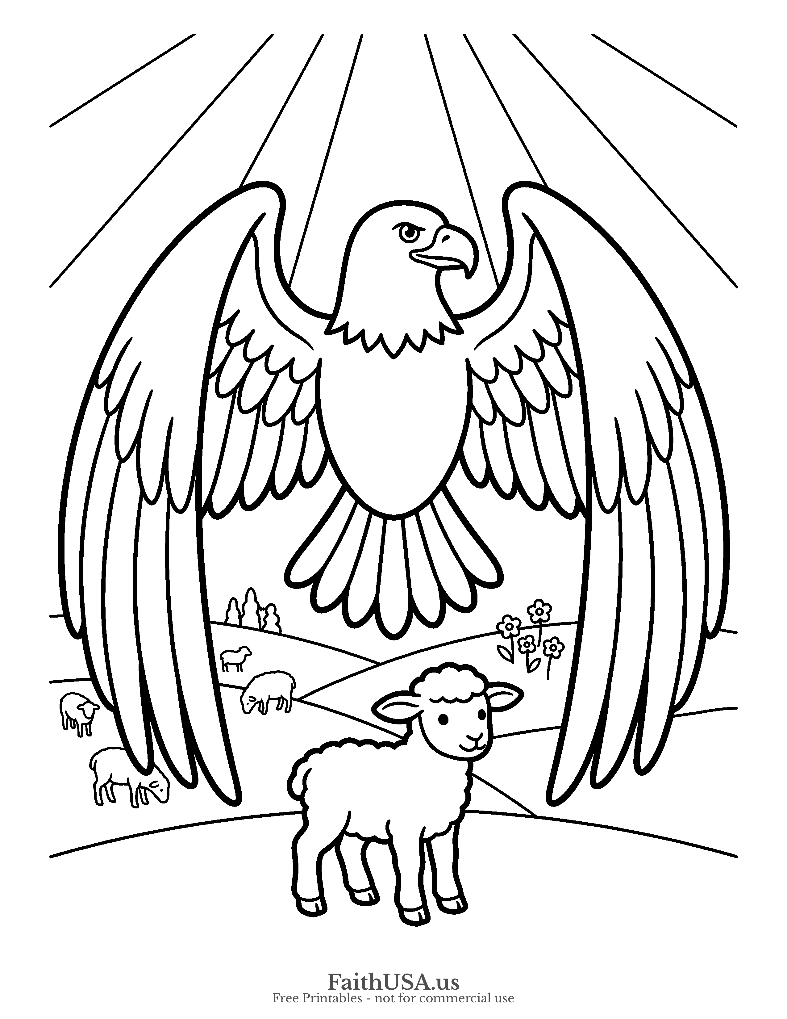 Free printable simple Exodus 19:4 coloring page — a bald eagle sheltering a lamb with outstretched wings (“I bore you on eagles’ wings”), bold black-and-white line art
