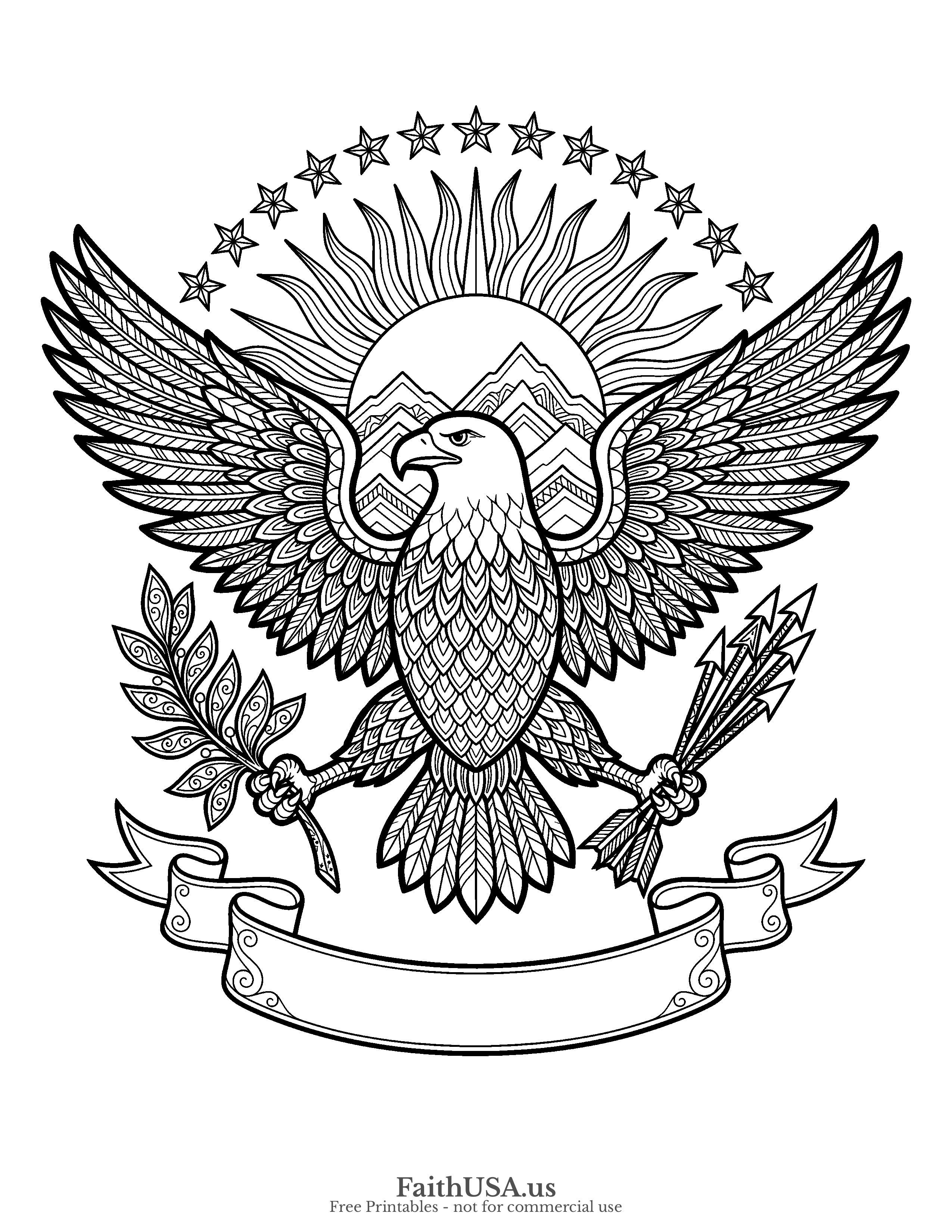 Free printable detailed bald eagle eagle with arrow coloring page PDF for older students, adults, civics lessons, and nature studies