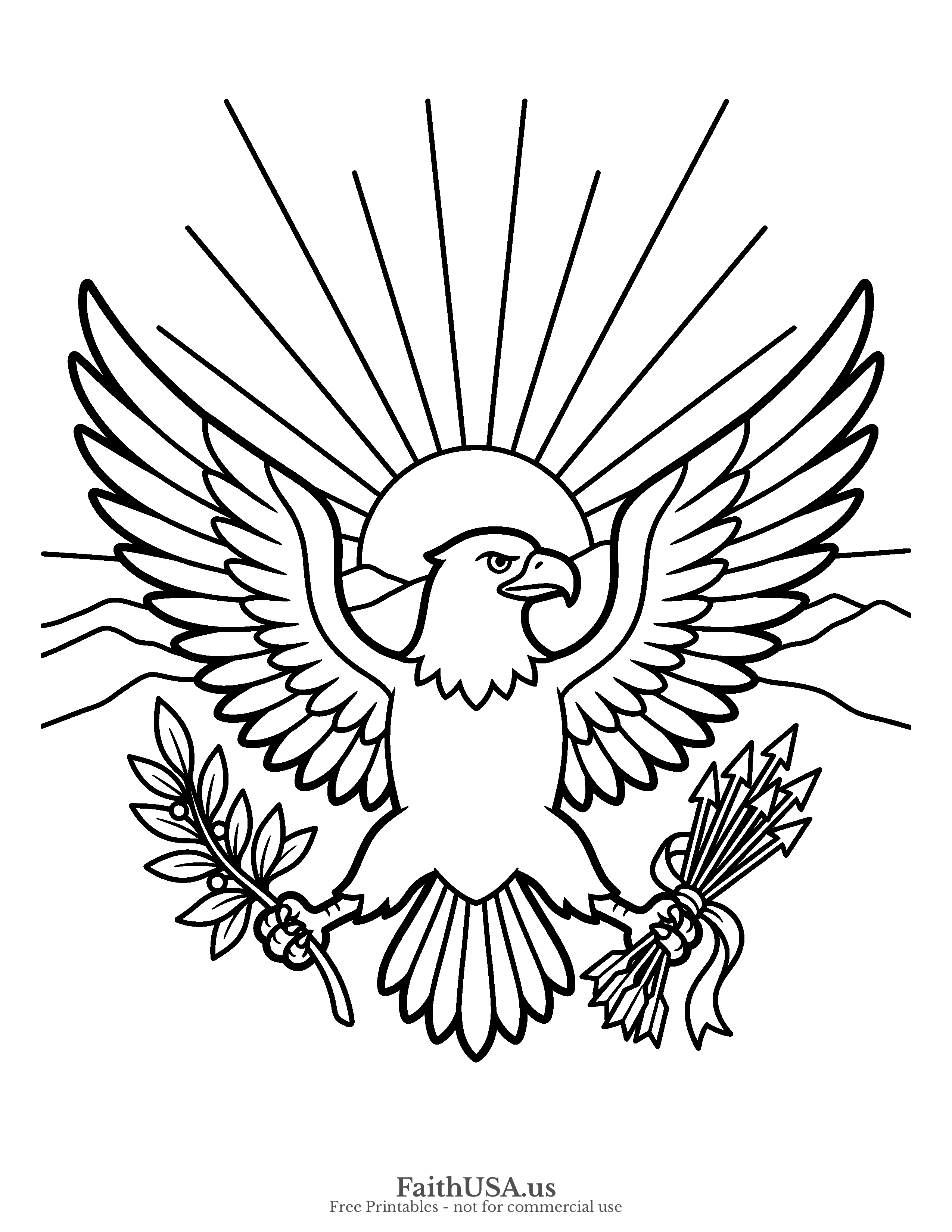 Free printable simple bald eagle eagle with arrow coloring page PDF for kids, animal studies, and patriotic activity packets