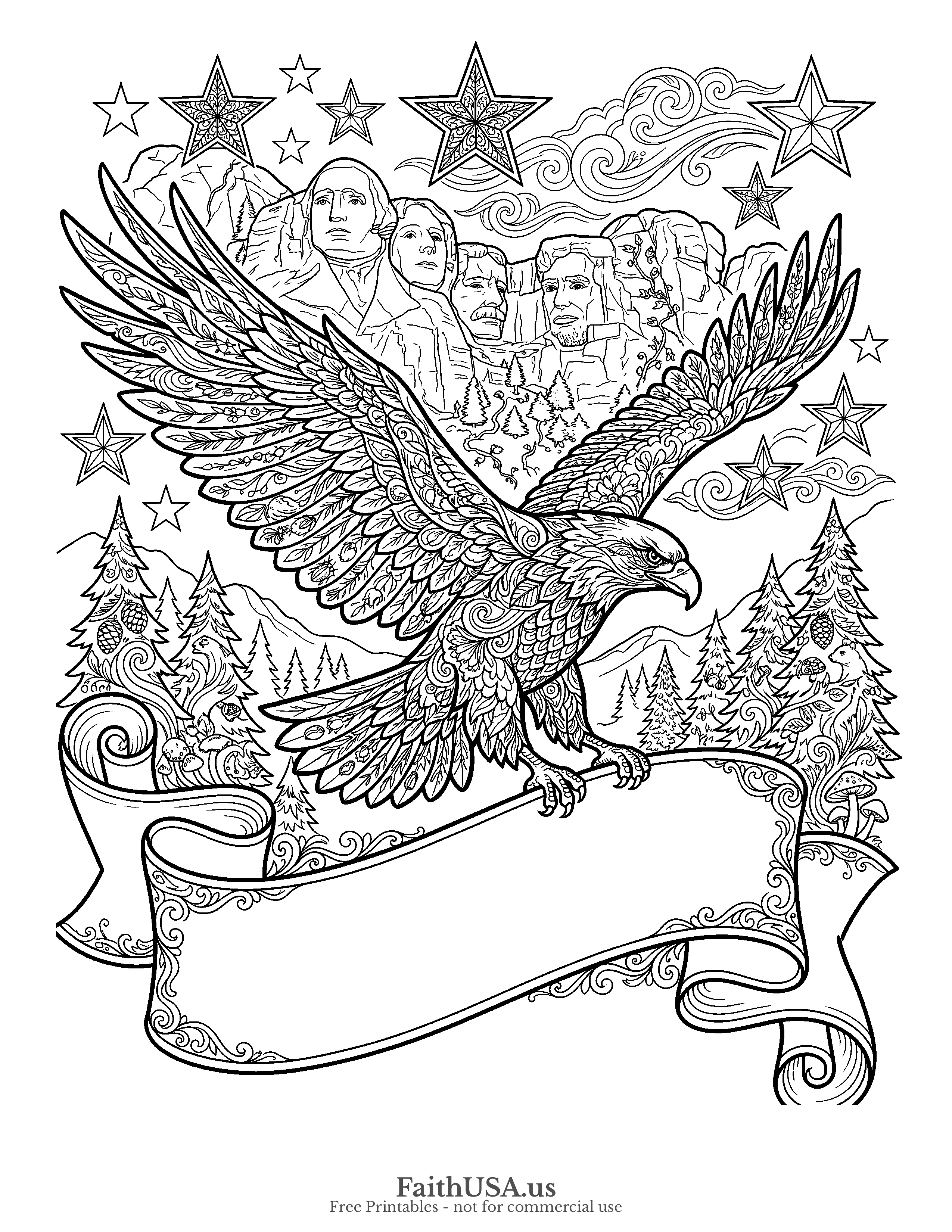 Free printable detailed patriotic bald eagle with banner coloring page PDF for Fourth of July, Flag Day, American symbols, and civics lessons