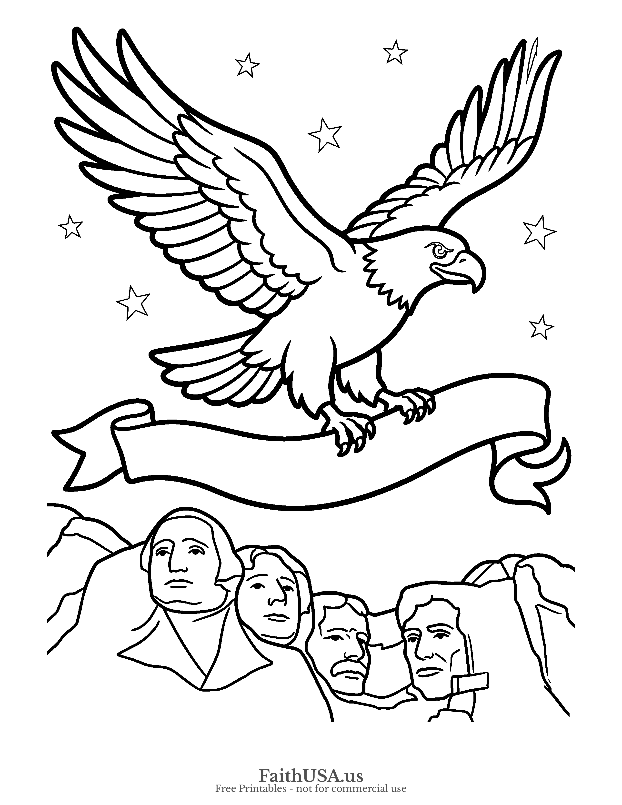 Free printable simple patriotic bald eagle with banner coloring page PDF for Fourth of July, Flag Day, American symbols, and civics lessons