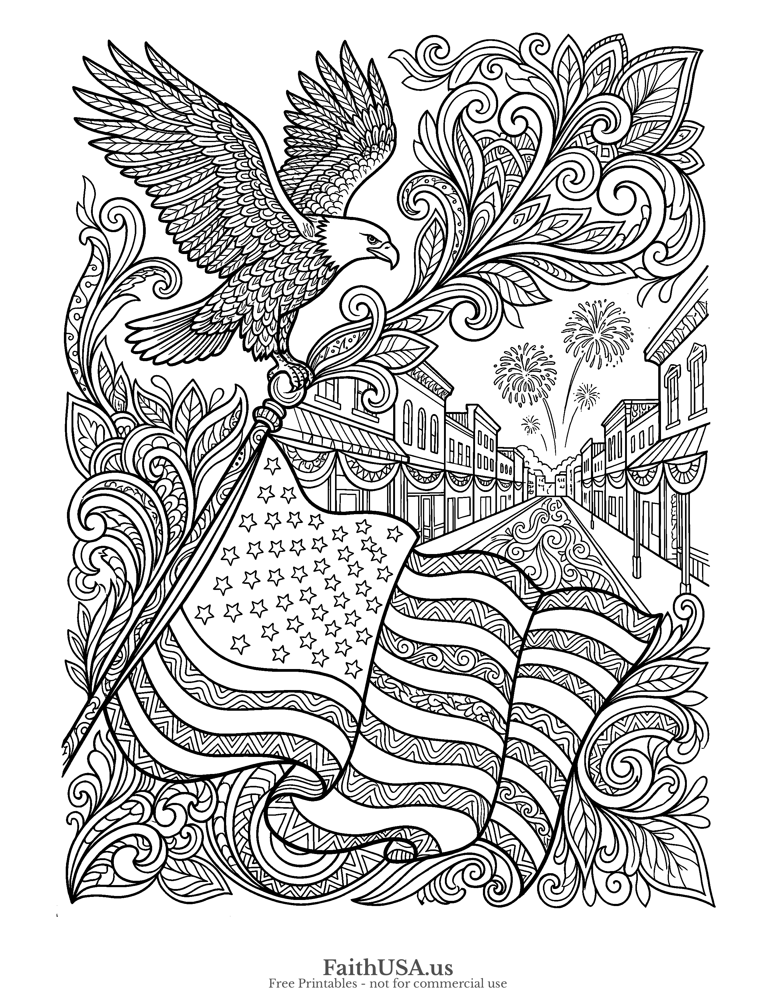 Free printable detailed bald eagle with American flag coloring page PDF for Fourth of July, Flag Day, American symbols, and civics lessons