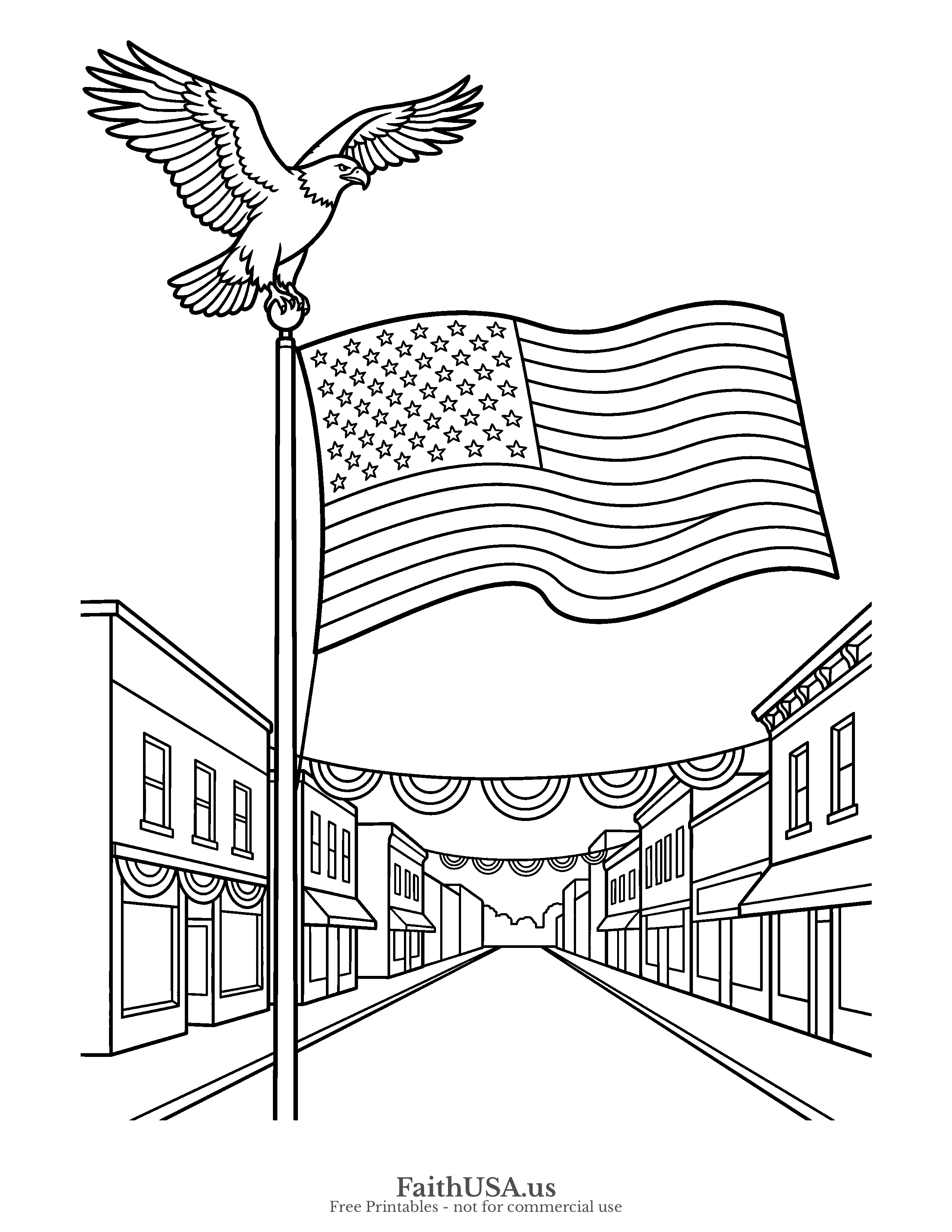 Free printable simple bald eagle with American flag coloring page PDF for Fourth of July, Flag Day, American symbols, and civics lessons