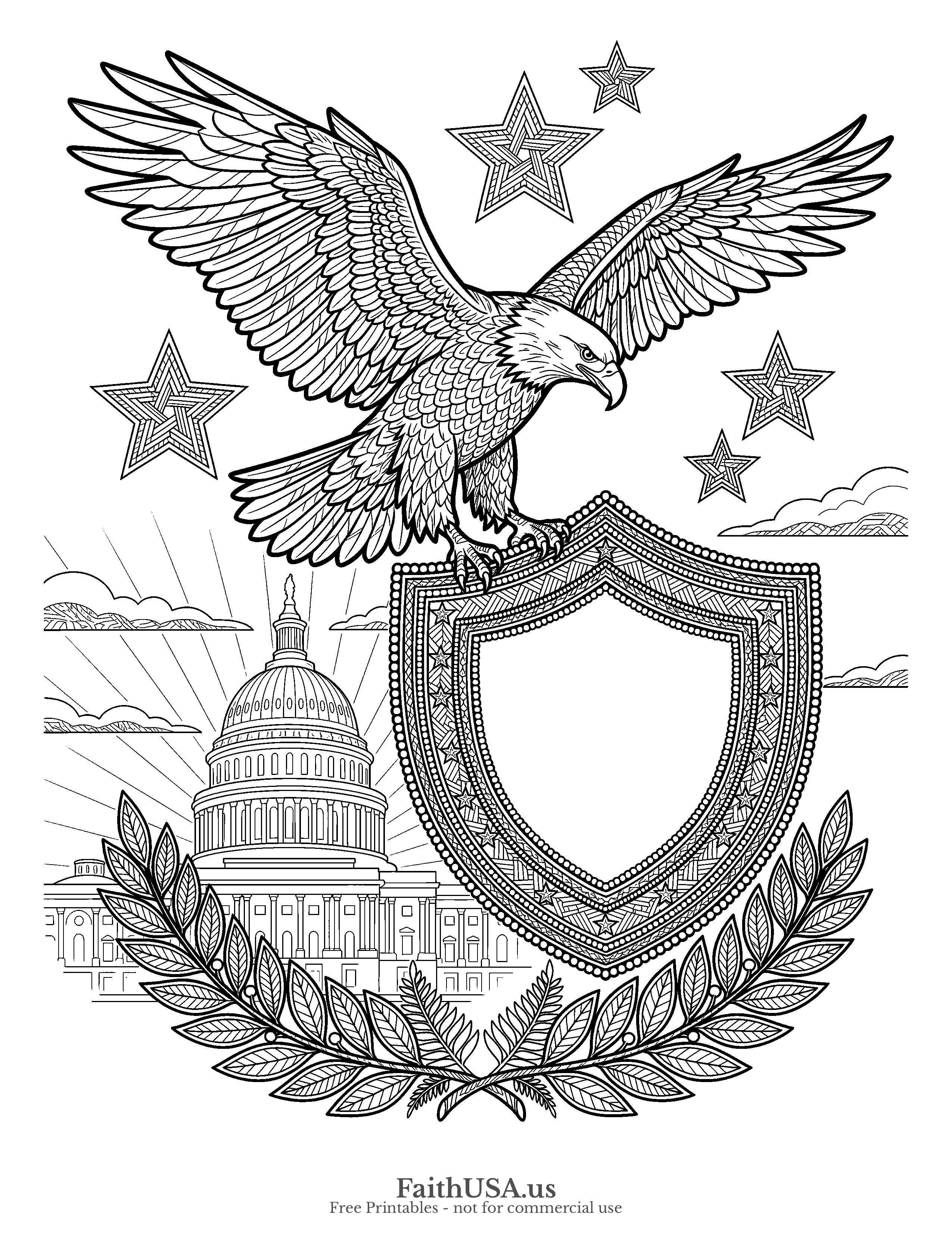 Free printable detailed Great Seal-style bald eagle with shield coloring page PDF for Fourth of July, Flag Day, American symbols, and civics lessons