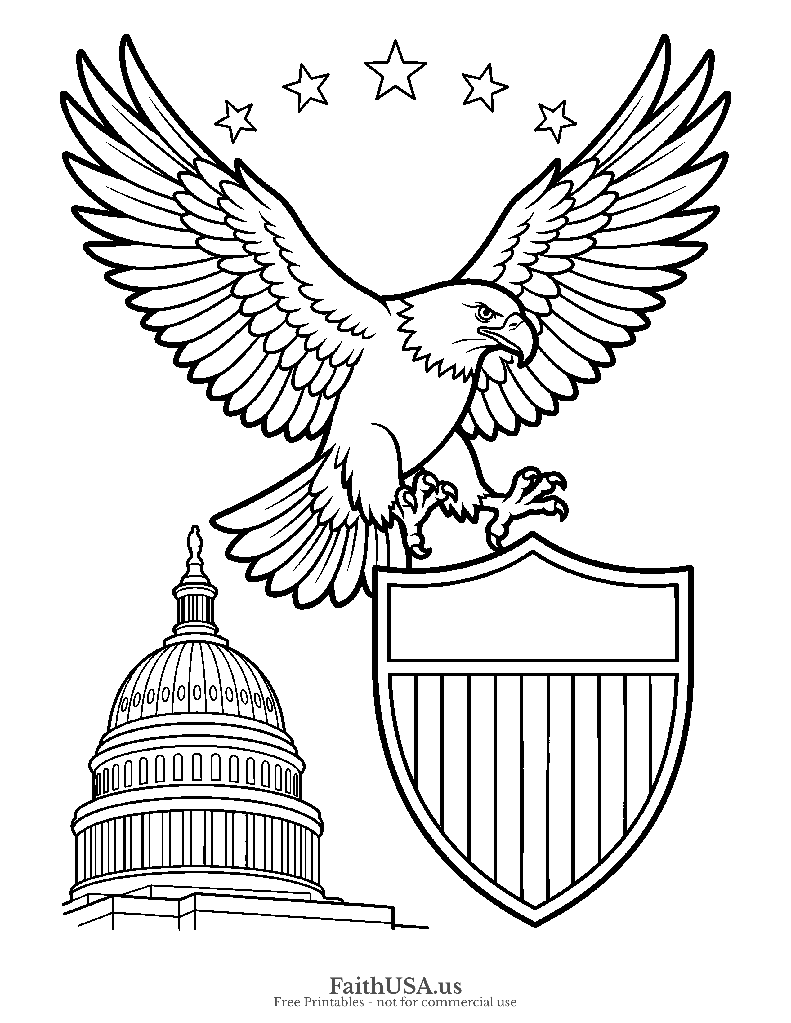 Free printable simple Great Seal-style bald eagle with shield coloring page PDF for Fourth of July, Flag Day, American symbols, and civics lessons