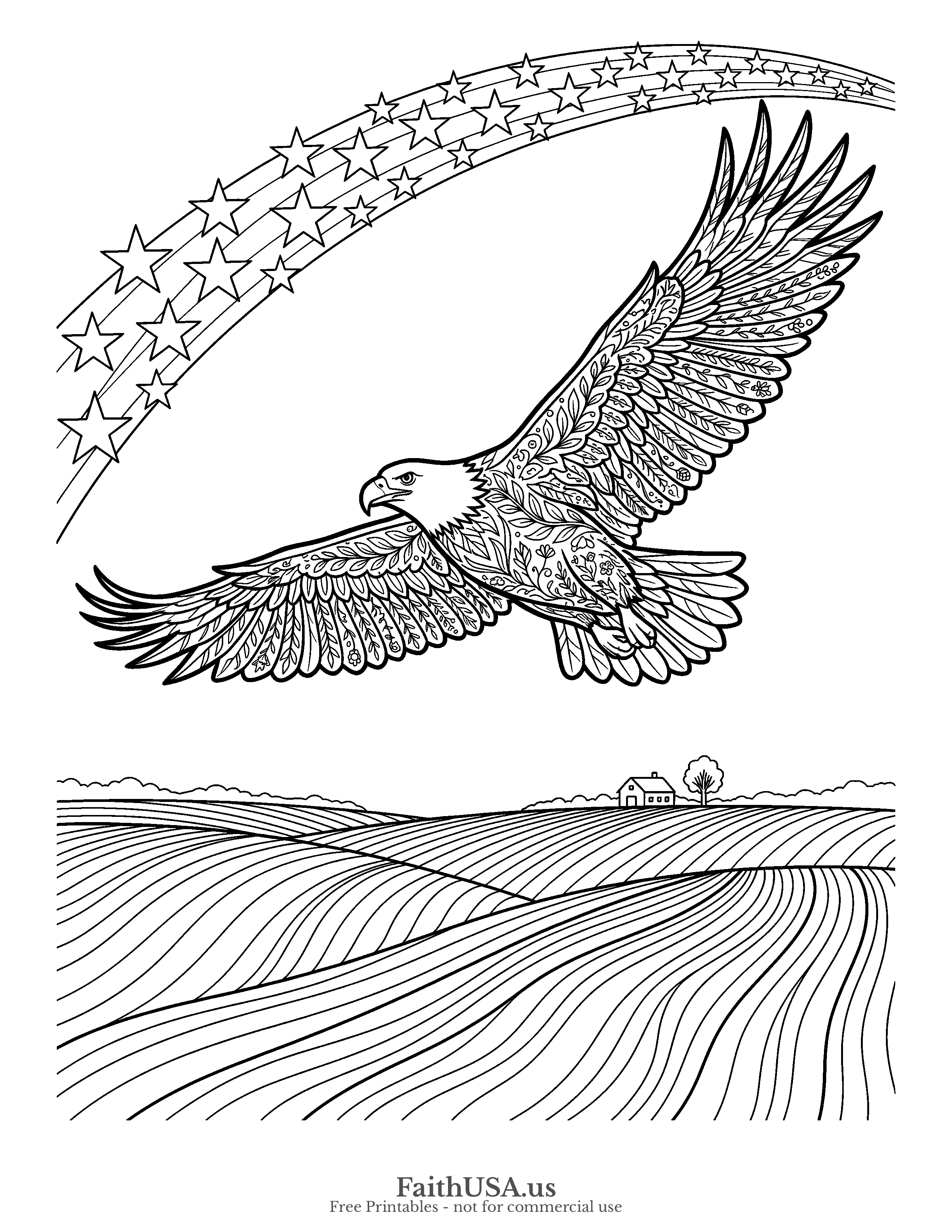 Free printable detailed patriotic bald eagle with stars coloring page PDF for Fourth of July, Flag Day, American symbols, and civics lessons