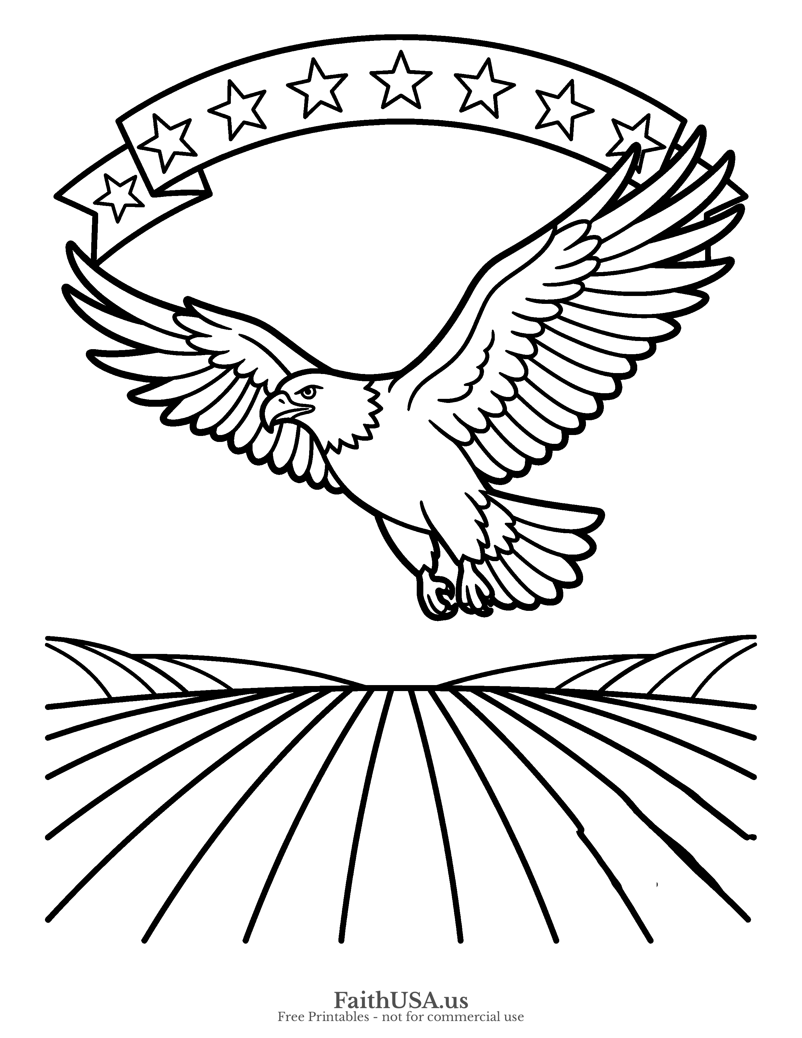 Free printable simple patriotic bald eagle with stars coloring page PDF for Fourth of July, Flag Day, American symbols, and civics lessons