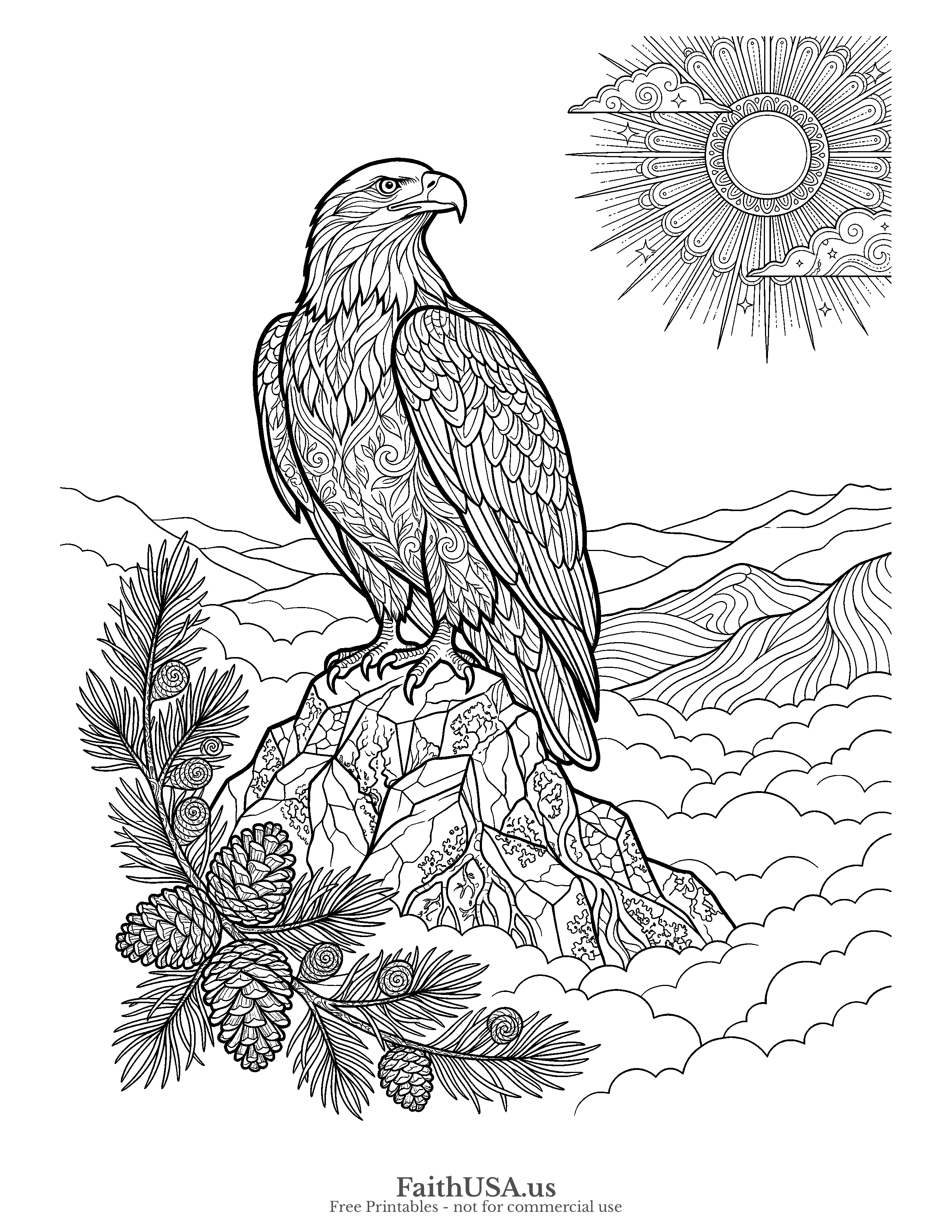 Free printable detailed bald eagle mountain eagle coloring page PDF for older students, adults, civics lessons, and nature studies