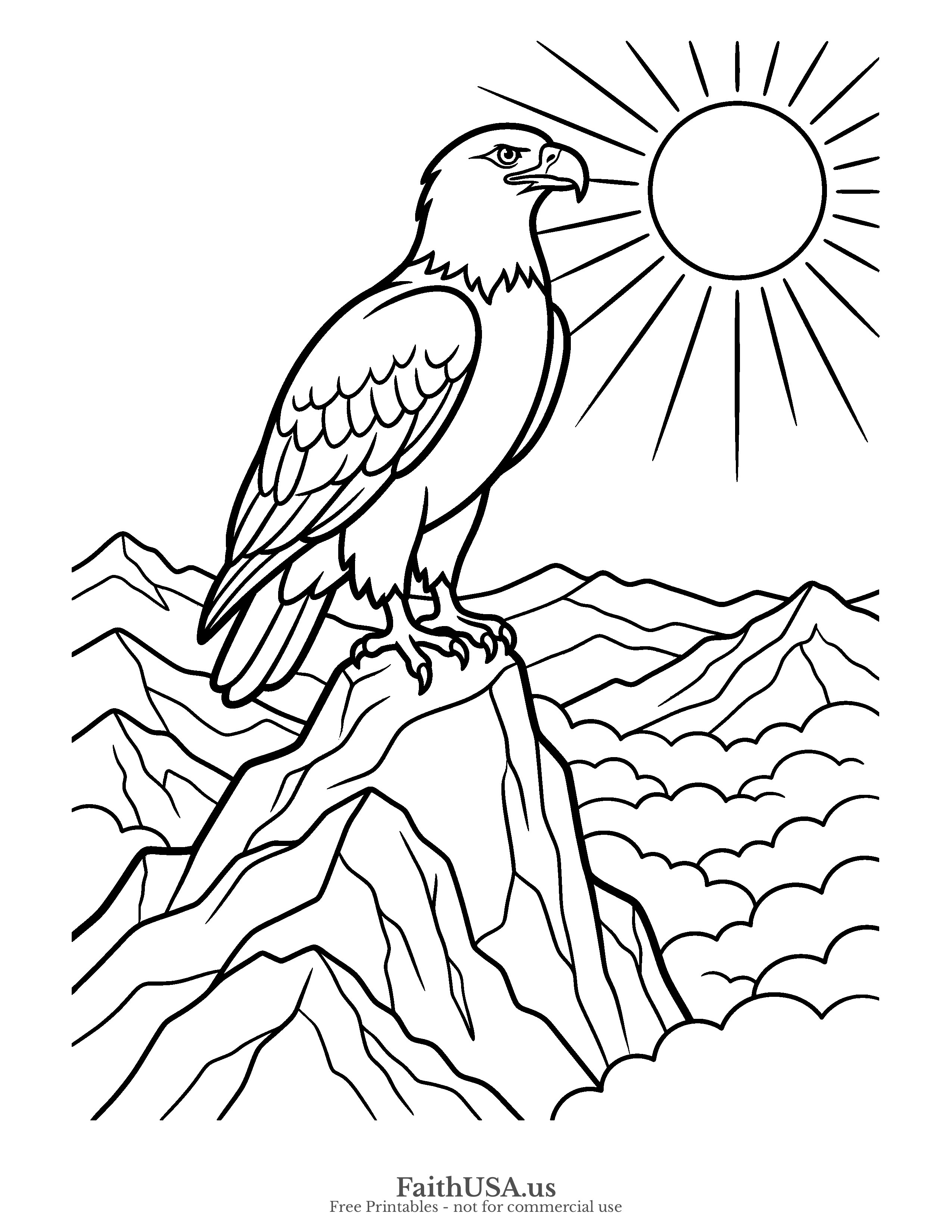 Free printable simple bald eagle mountain eagle coloring page PDF for kids, animal studies, and patriotic activity packets