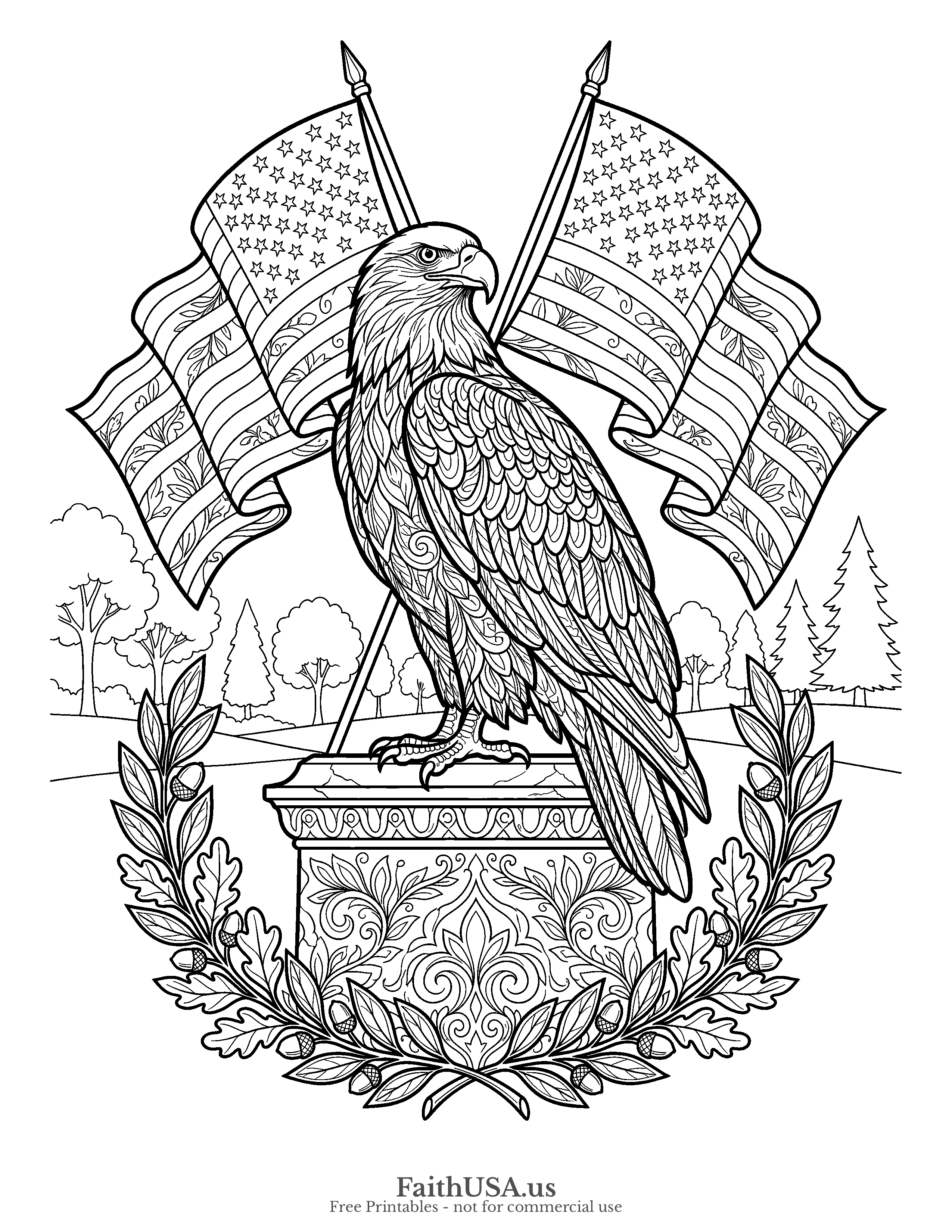 Free printable detailed bald eagle patriotic eagle coloring page PDF for older students, adults, civics lessons, and nature studies