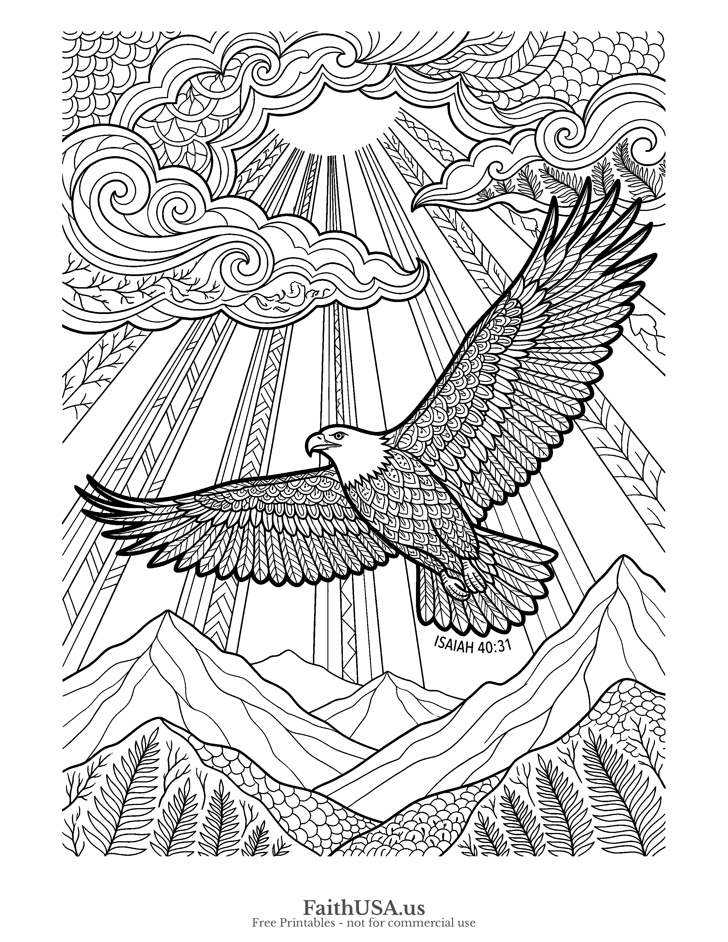 Free printable detailed Isaiah 40:31 coloring page — a bald eagle soaring on outstretched wings toward radiant light (“soar on wings like eagles”), intricate black-and-white line art for teens and adults