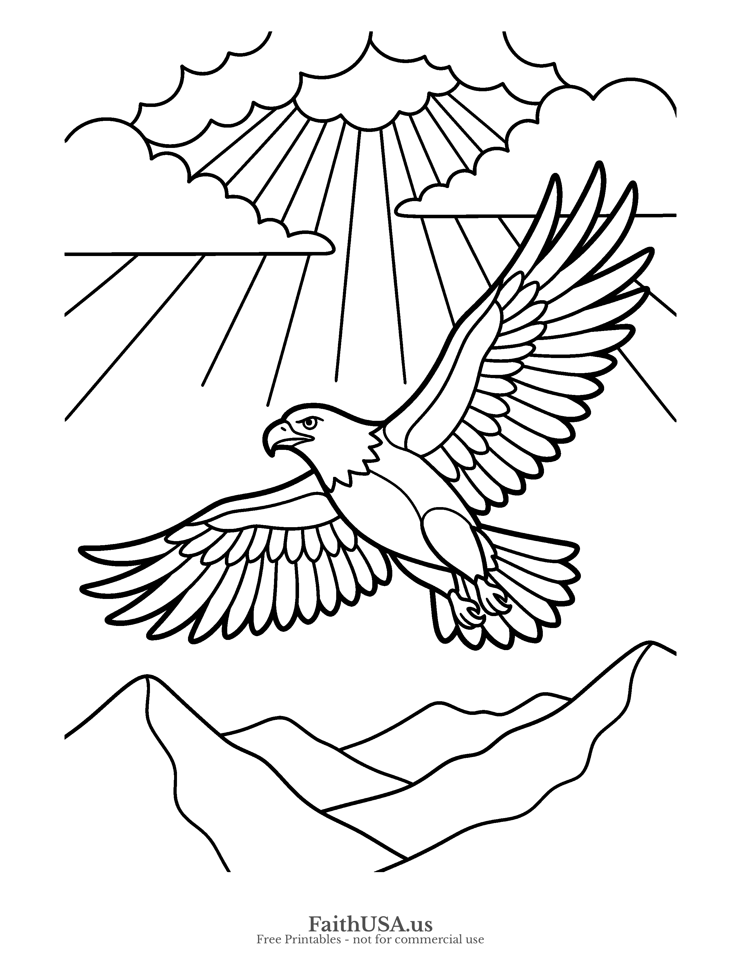 Free printable simple Isaiah 40:31 coloring page — a bald eagle soaring on wings toward heavenly light (“they shall mount up with wings as eagles”), bold black-and-white line art for Sunday school and homeschool Bible lessons
