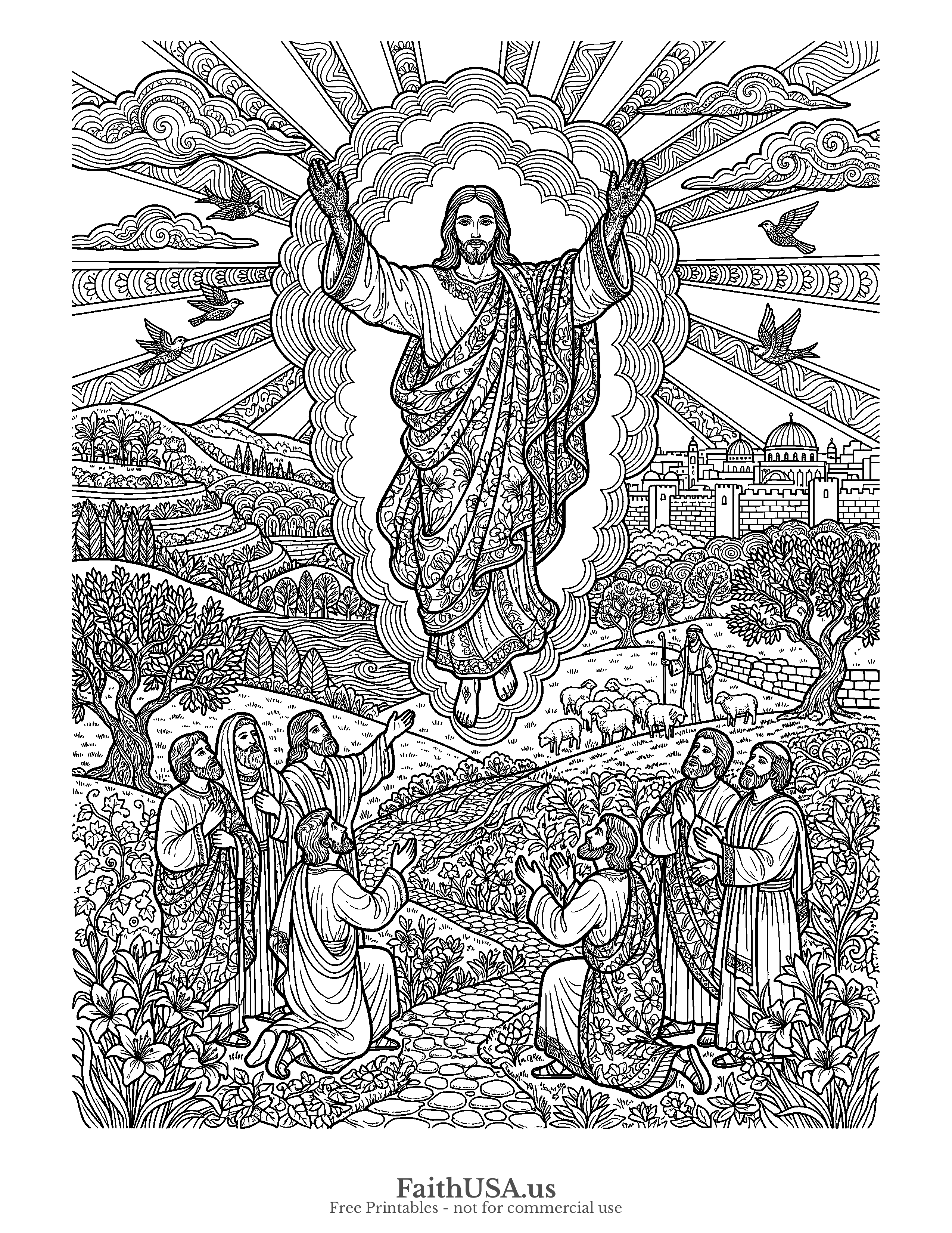 Easter coloring page featuring Ascension in detailed black-and-white line art
